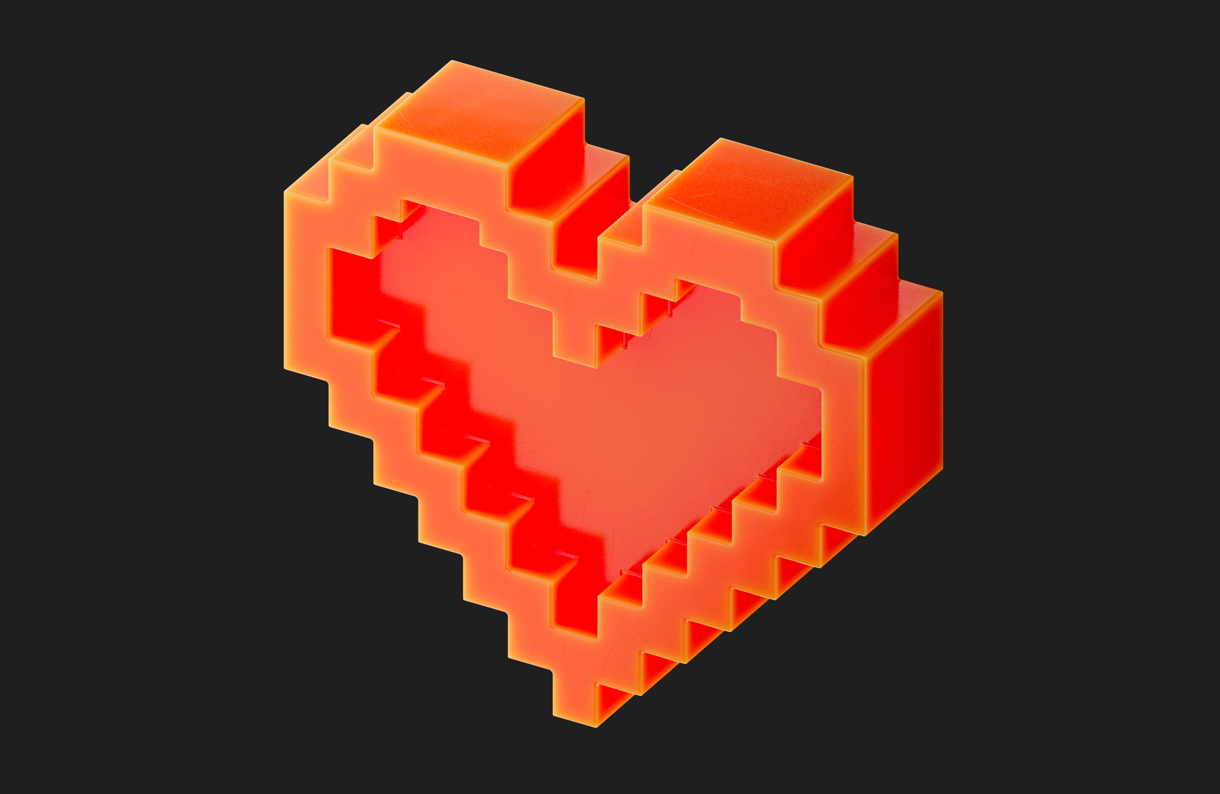 3D pixelated heart shape in bright red and orange glowing colors on a black background.