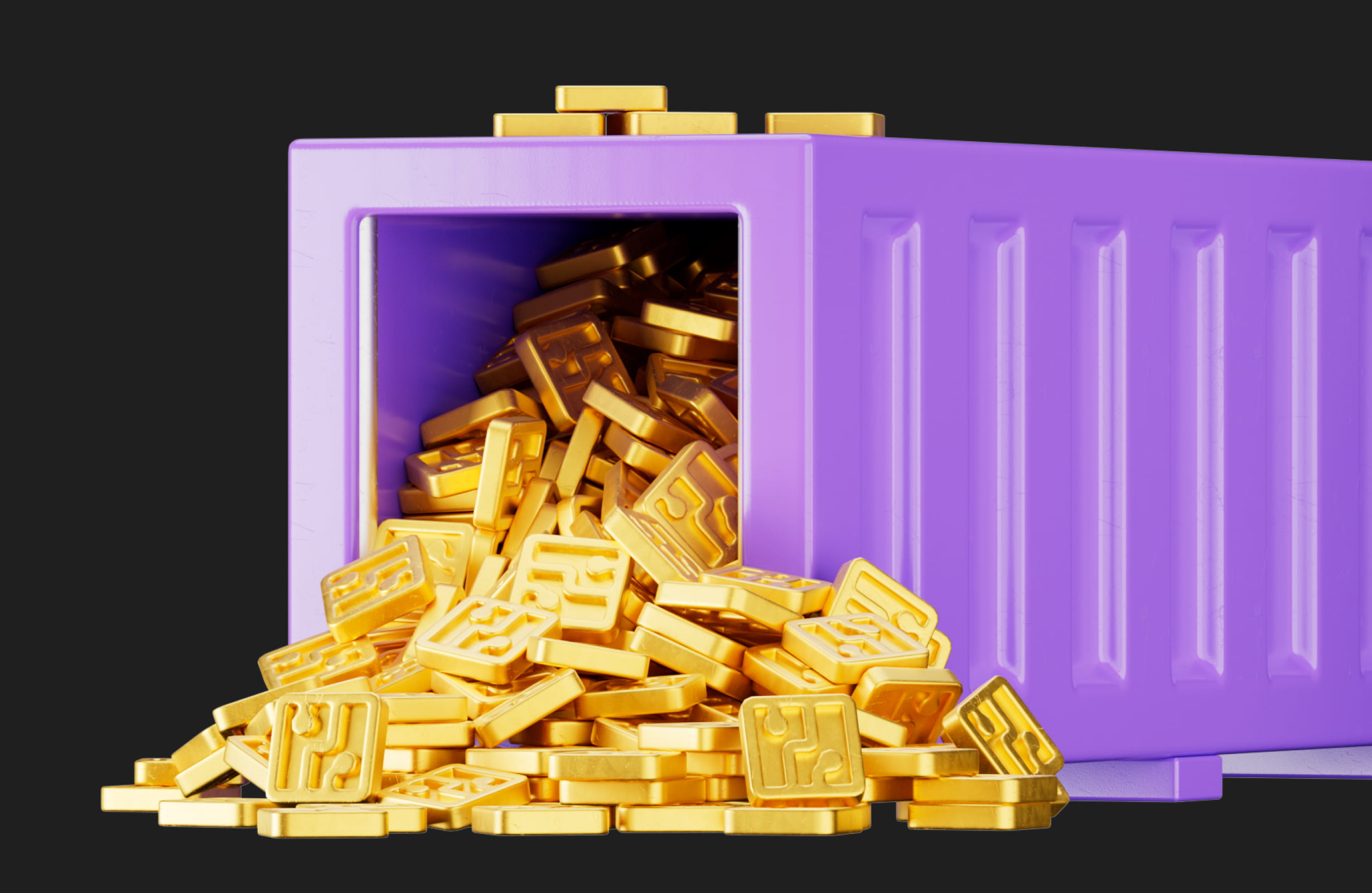 Purple container spilling a pile of shiny gold square coins with circuit-like designs on a black background.