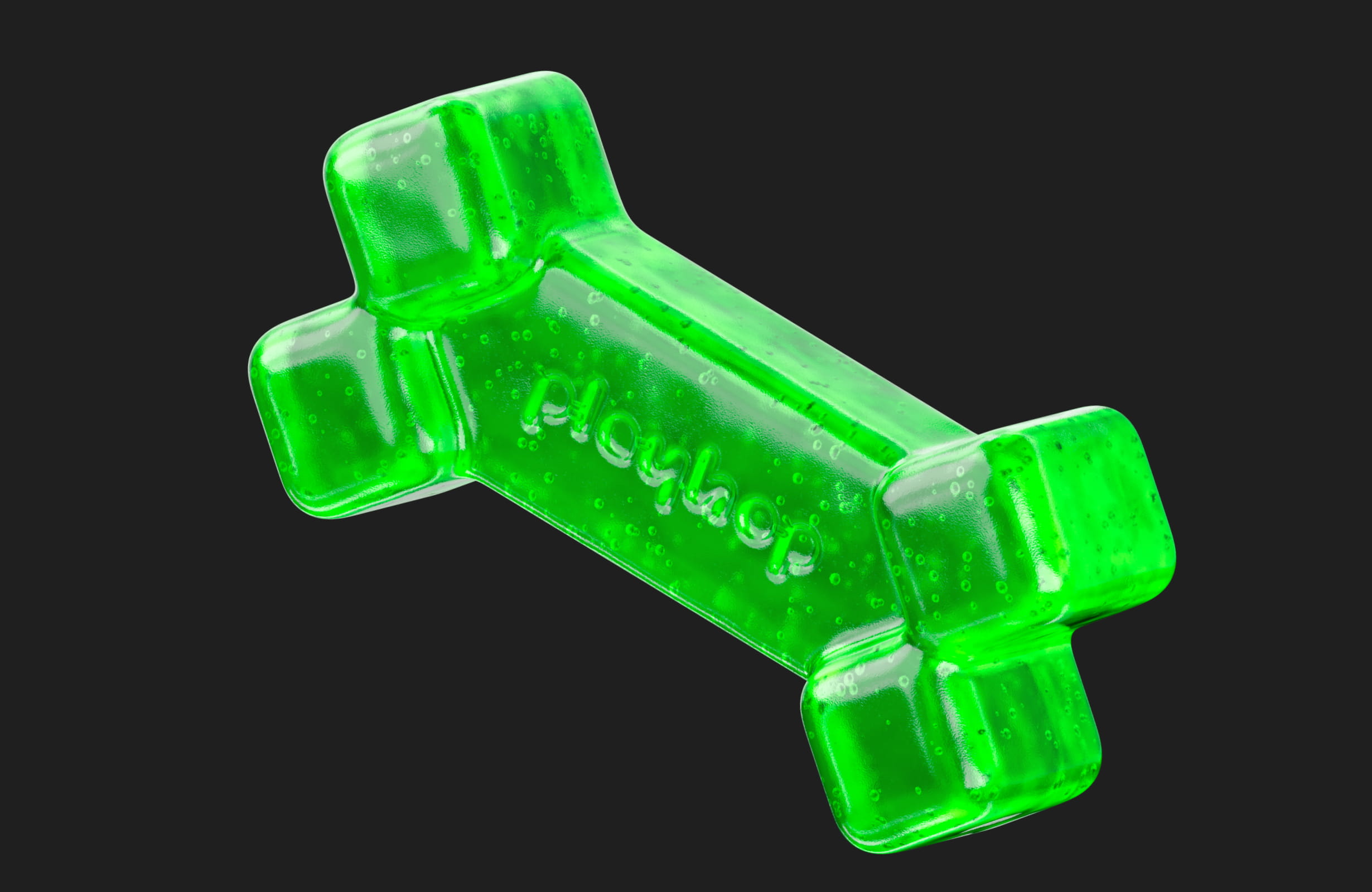 Translucent bright green plastic object with four rounded protrusions and the word 'Playbop' embossed in the center.