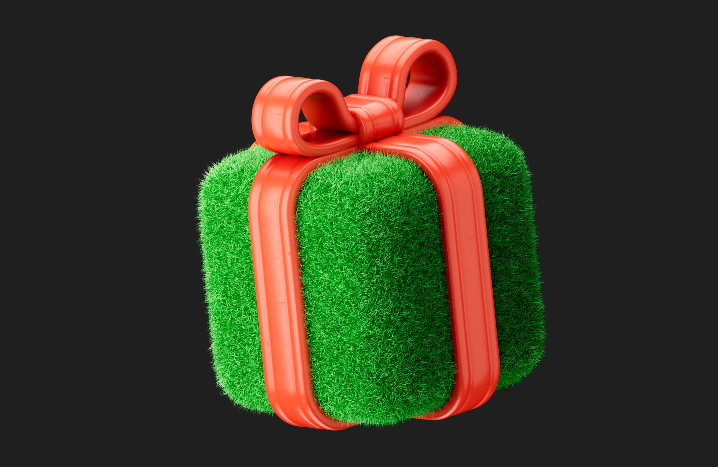 Green gift box covered with grass texture and wrapped with a smooth red ribbon and bow on a black background.