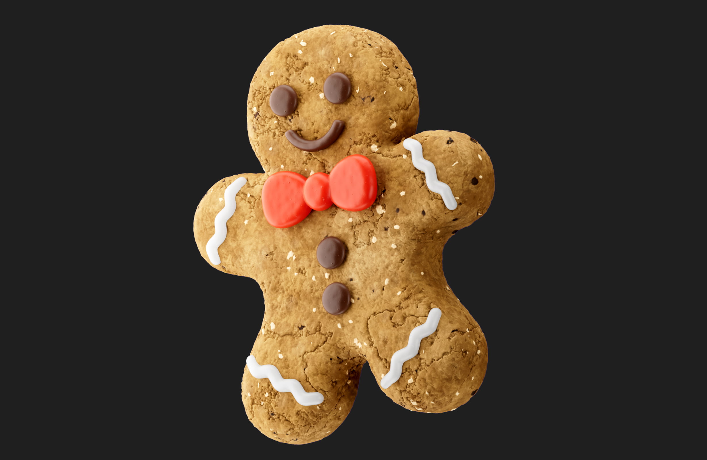 Smiling gingerbread cookie with chocolate eyes and buttons, red bow tie, and white icing decoration on arms and legs.