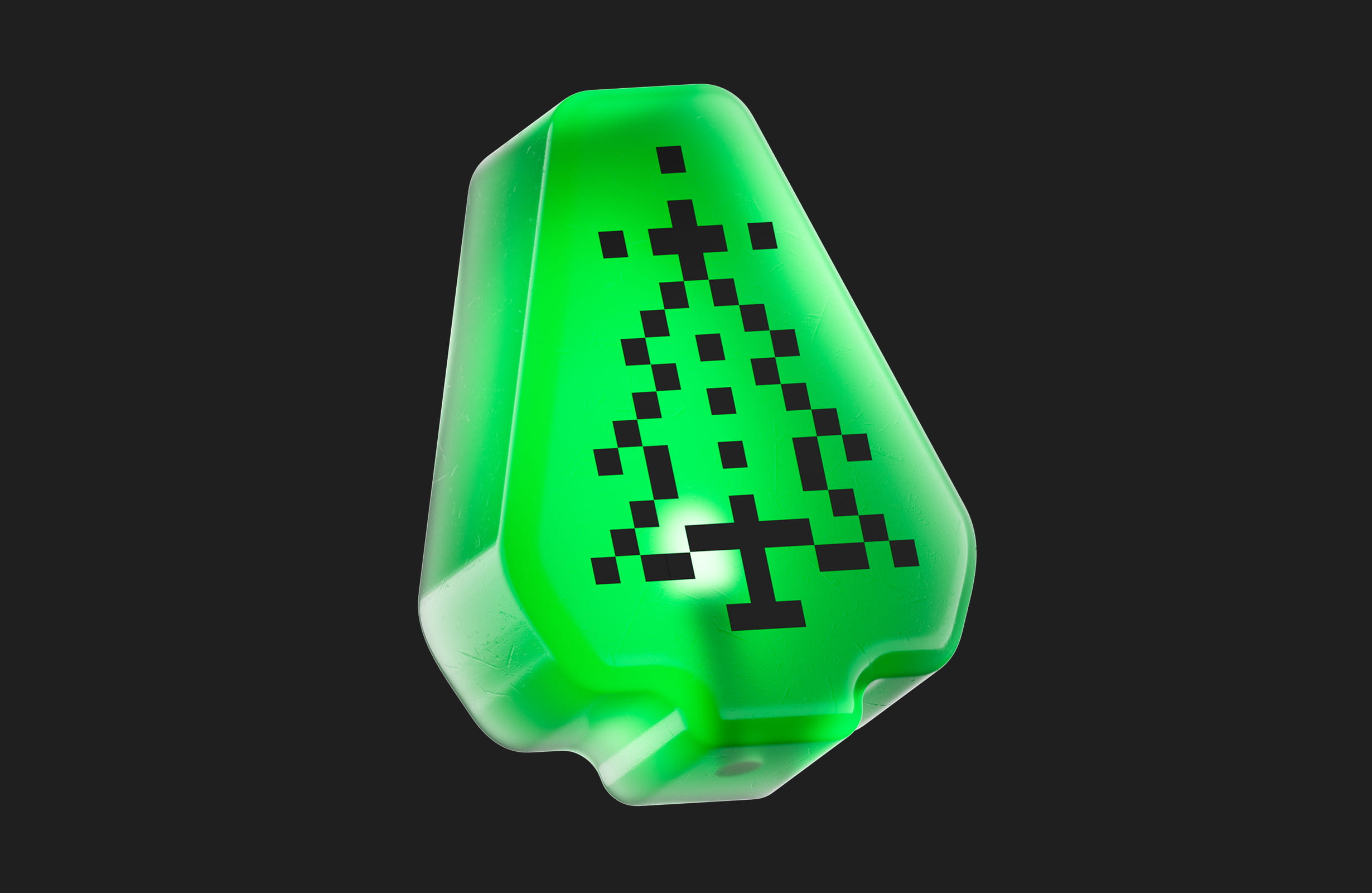 Green translucent keycap with a black pixelated Christmas tree icon on its top surface against a black background.