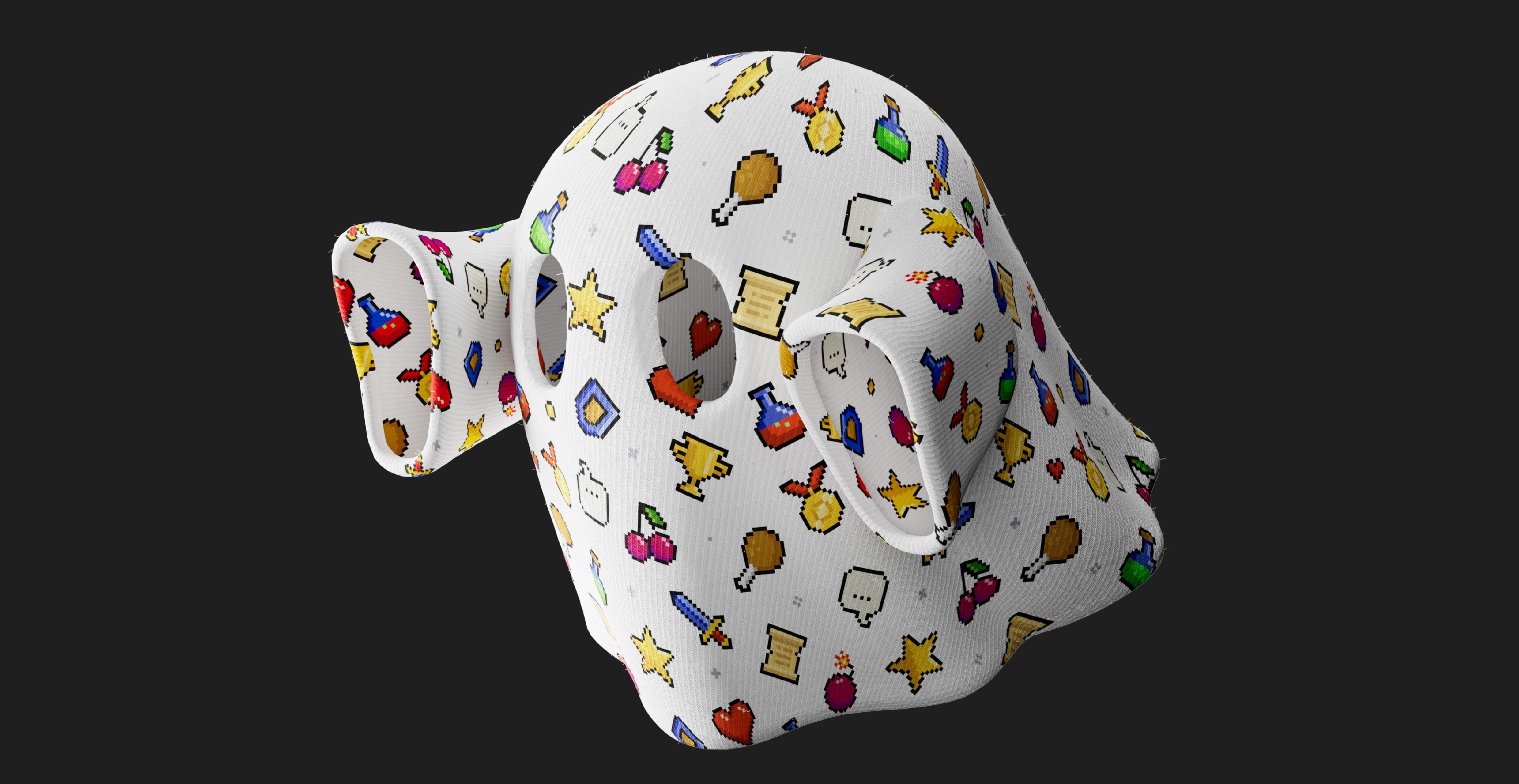 White 3D abstract mask-like sculpture covered in colorful pixel art icons including swords, stars, hearts, potions, and scrolls on a dark background.