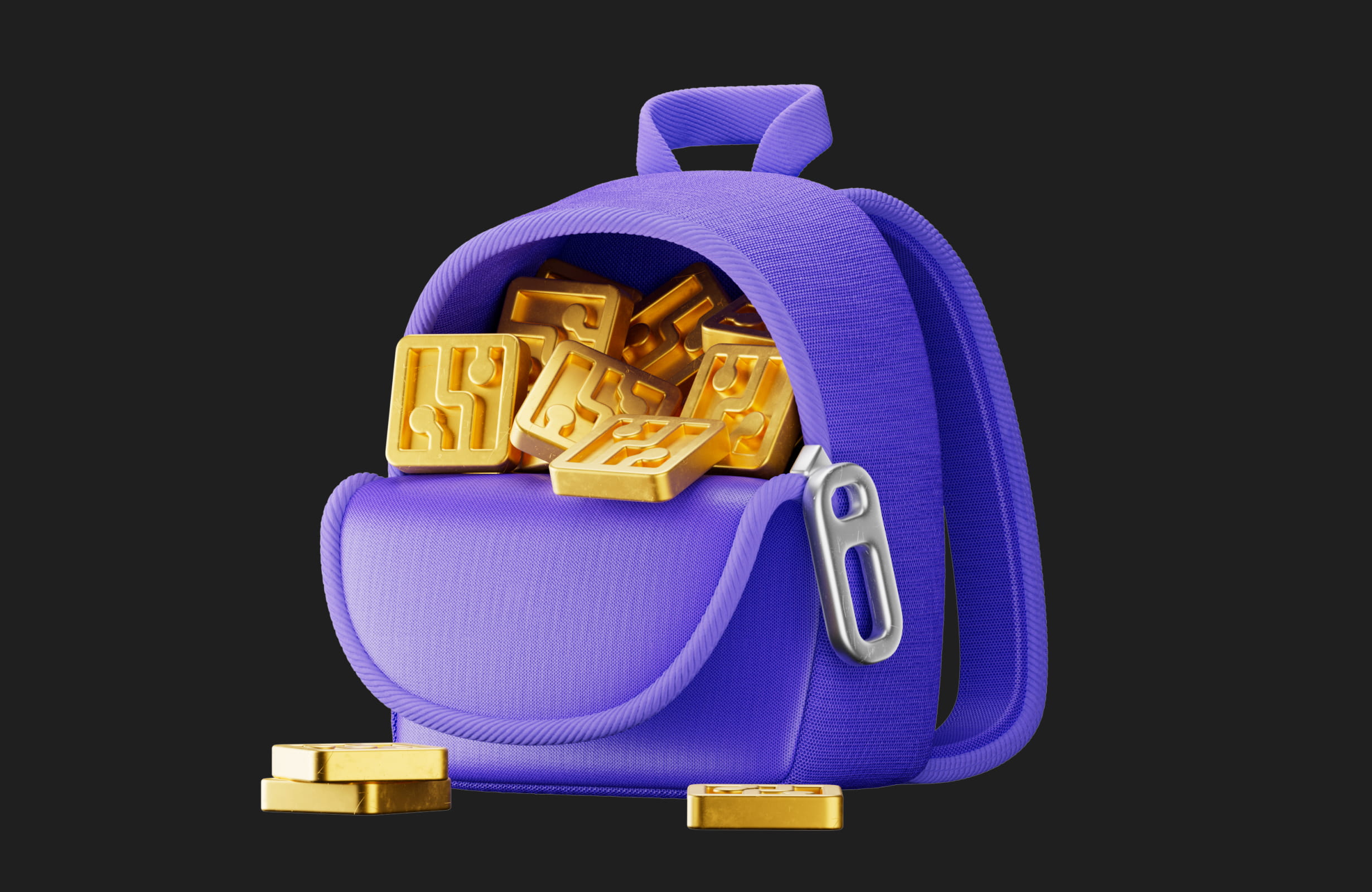 Purple backpack with a silver zipper partially open, filled with and surrounded by shiny gold circuit-shaped tokens.