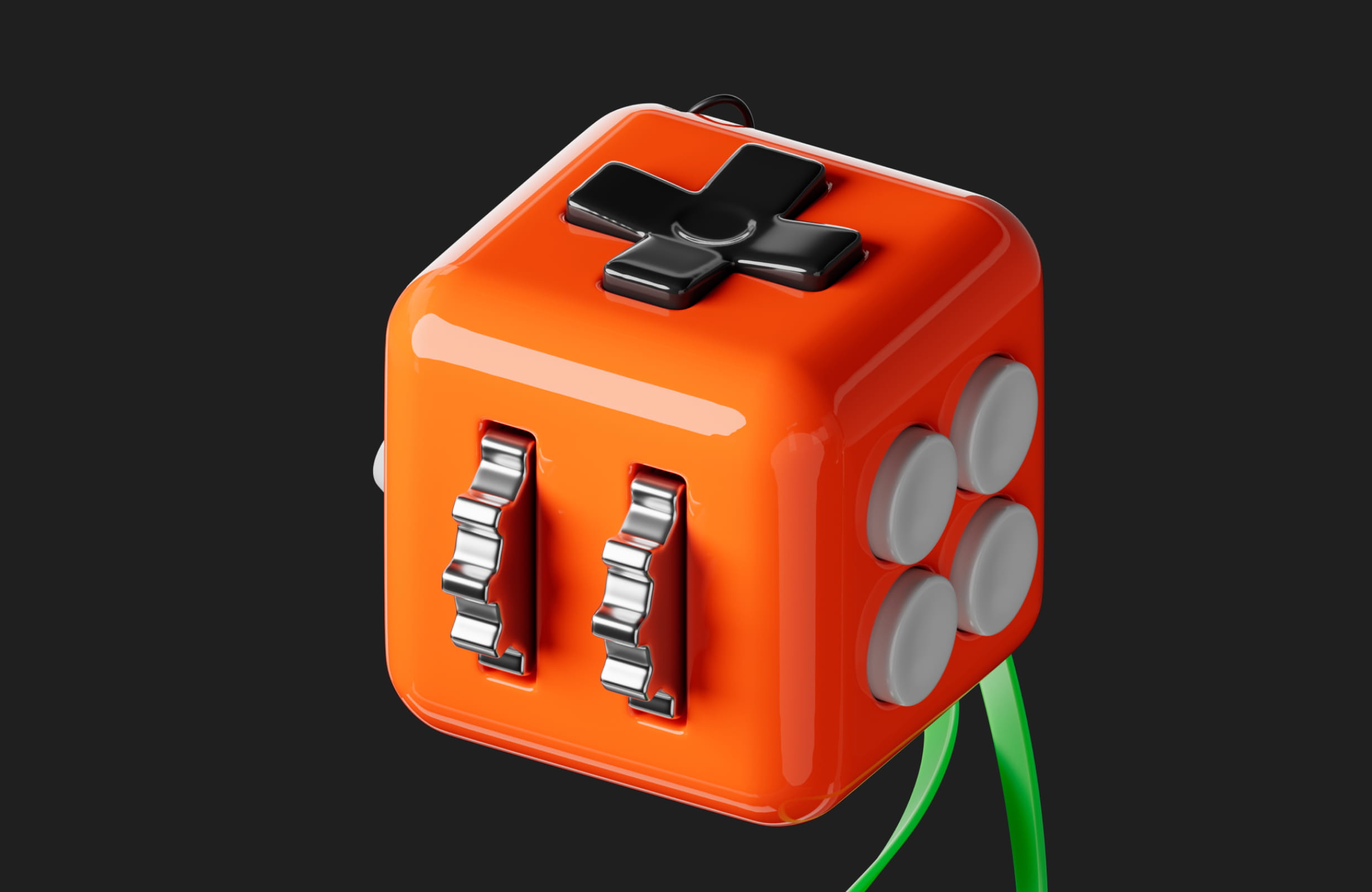 Orange fidget cube with black cross, silver switches, and gray buttons on a dark background.