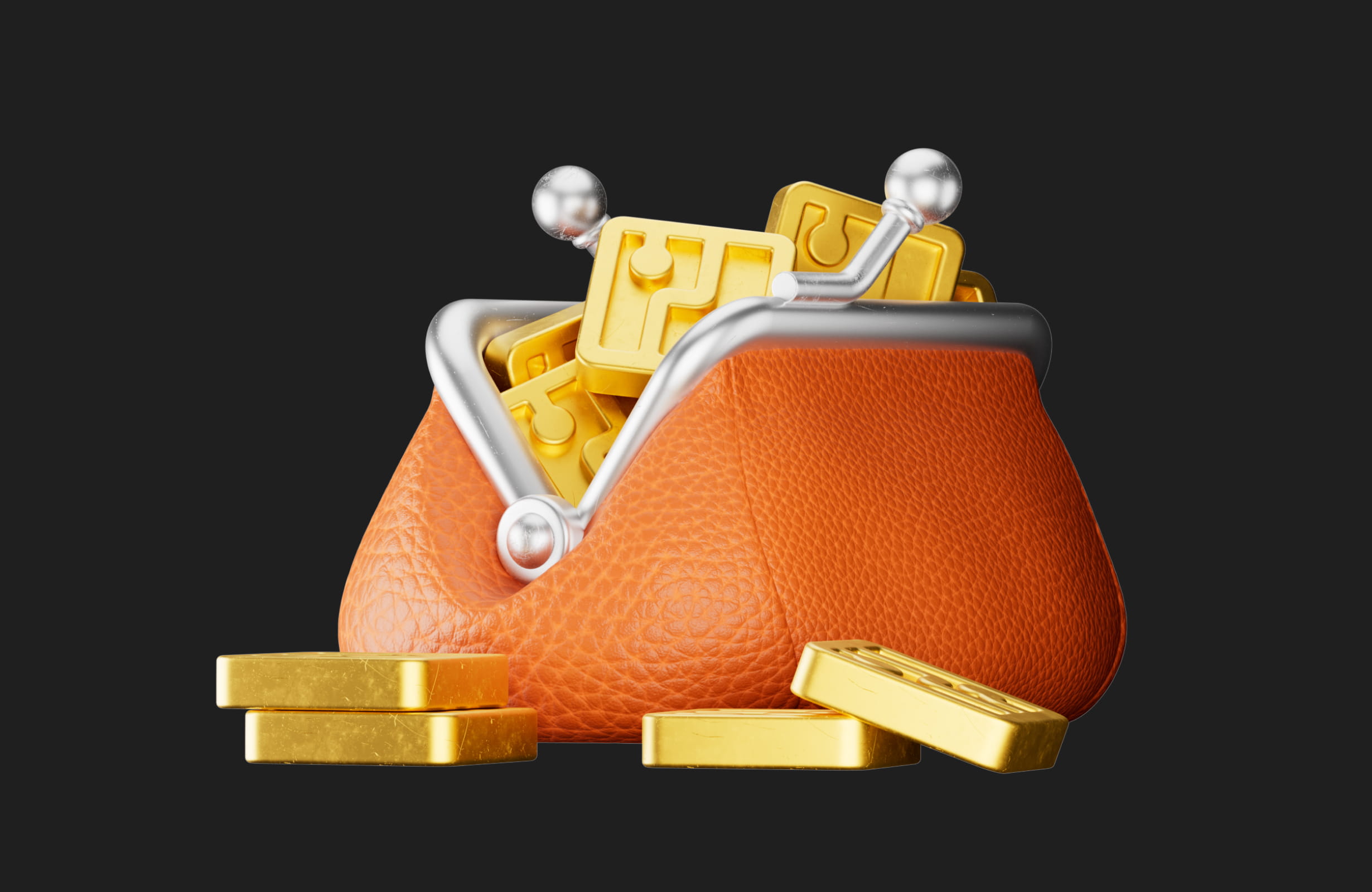 Orange leather coin purse filled with shiny gold puzzle piece tokens and additional tokens stacked beside it on a black background.