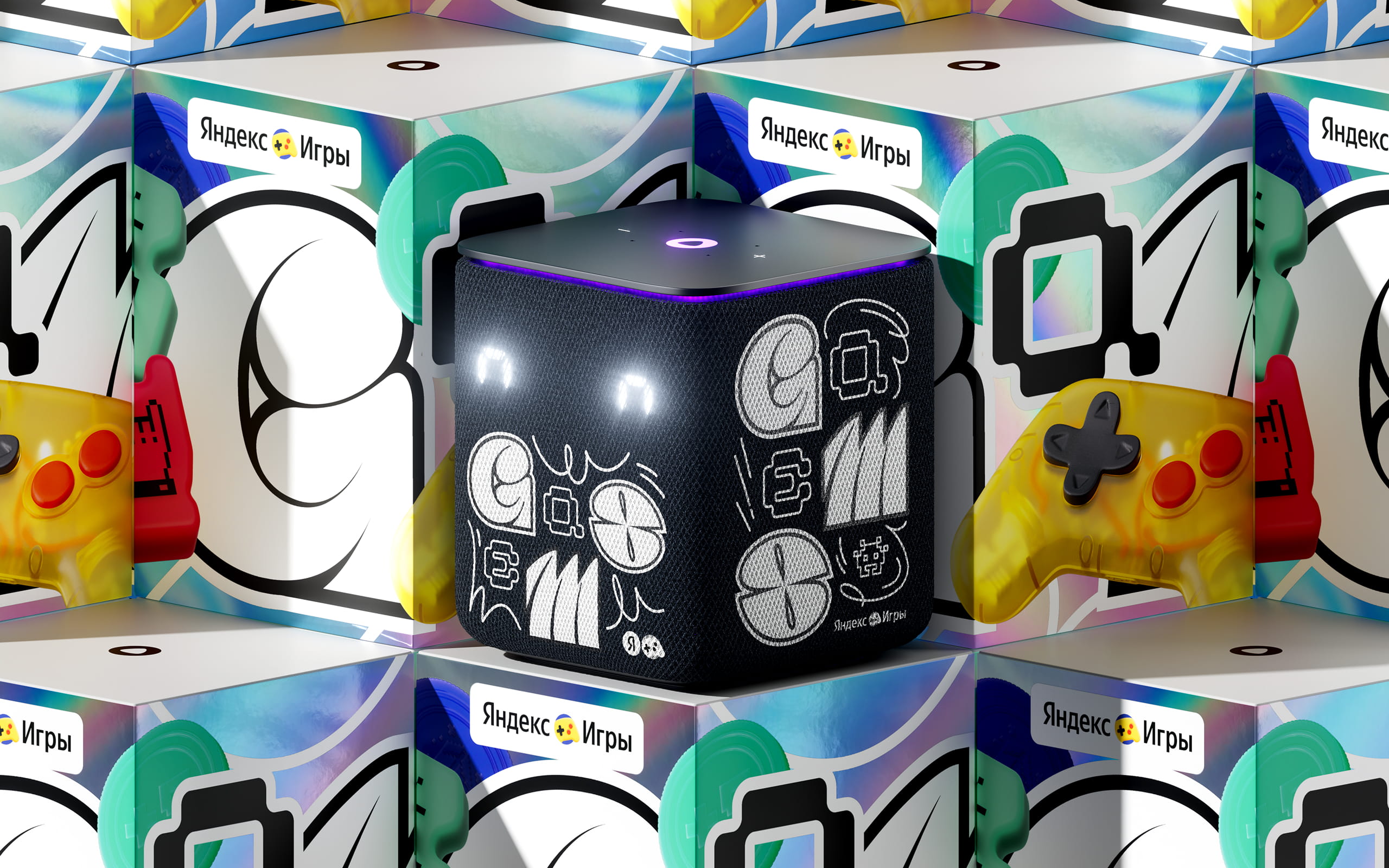 Black cube speaker with glowing eyes and abstract white graphics, surrounded by colorful gaming controllers and icons on a mirrored background.