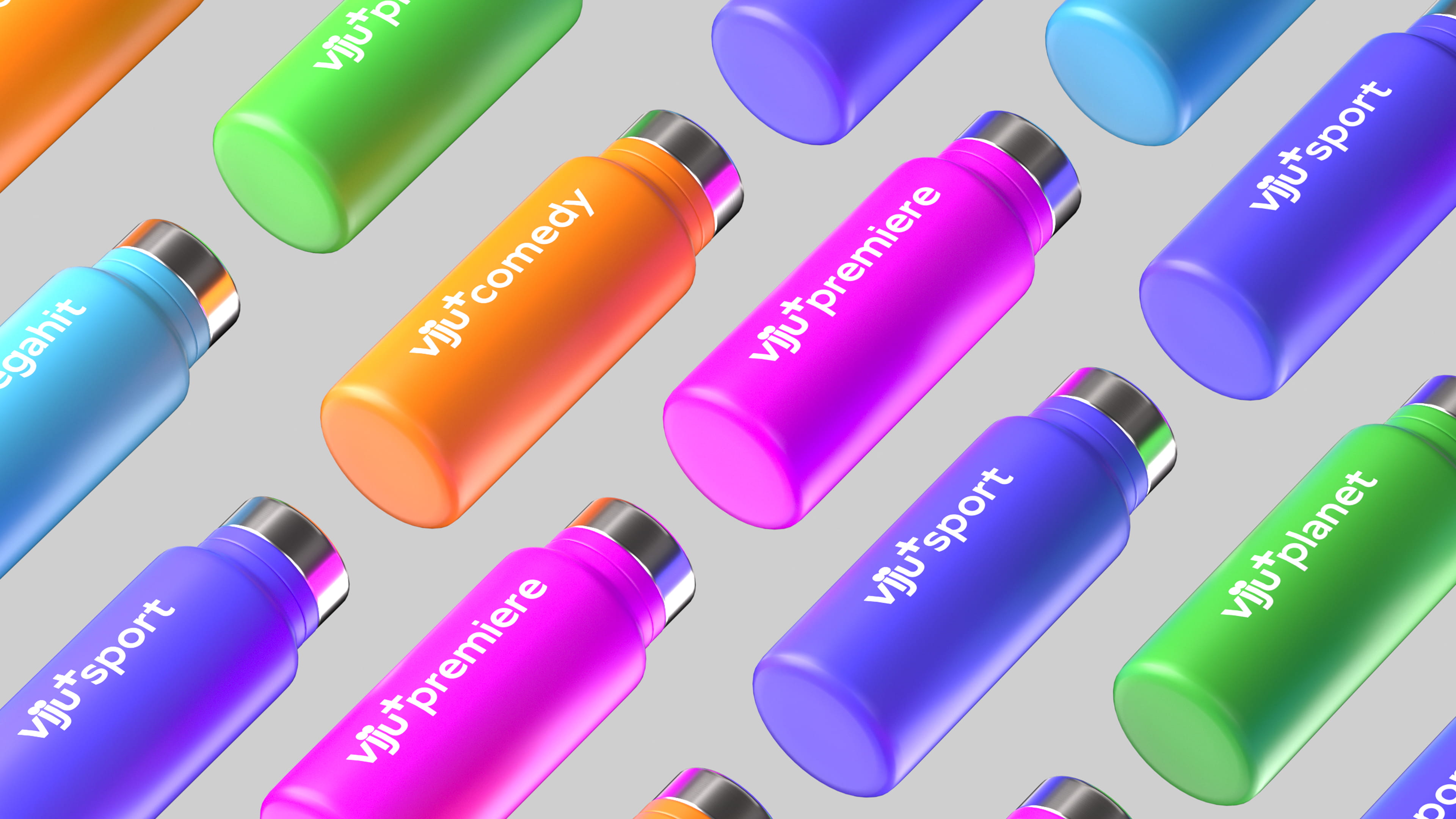 Pattern of colorful water bottles with metallic caps on a light gray background, labeled with names like Viju+ comedy, Viju+ premiere, Viju+ sport, and Viju+ planet.