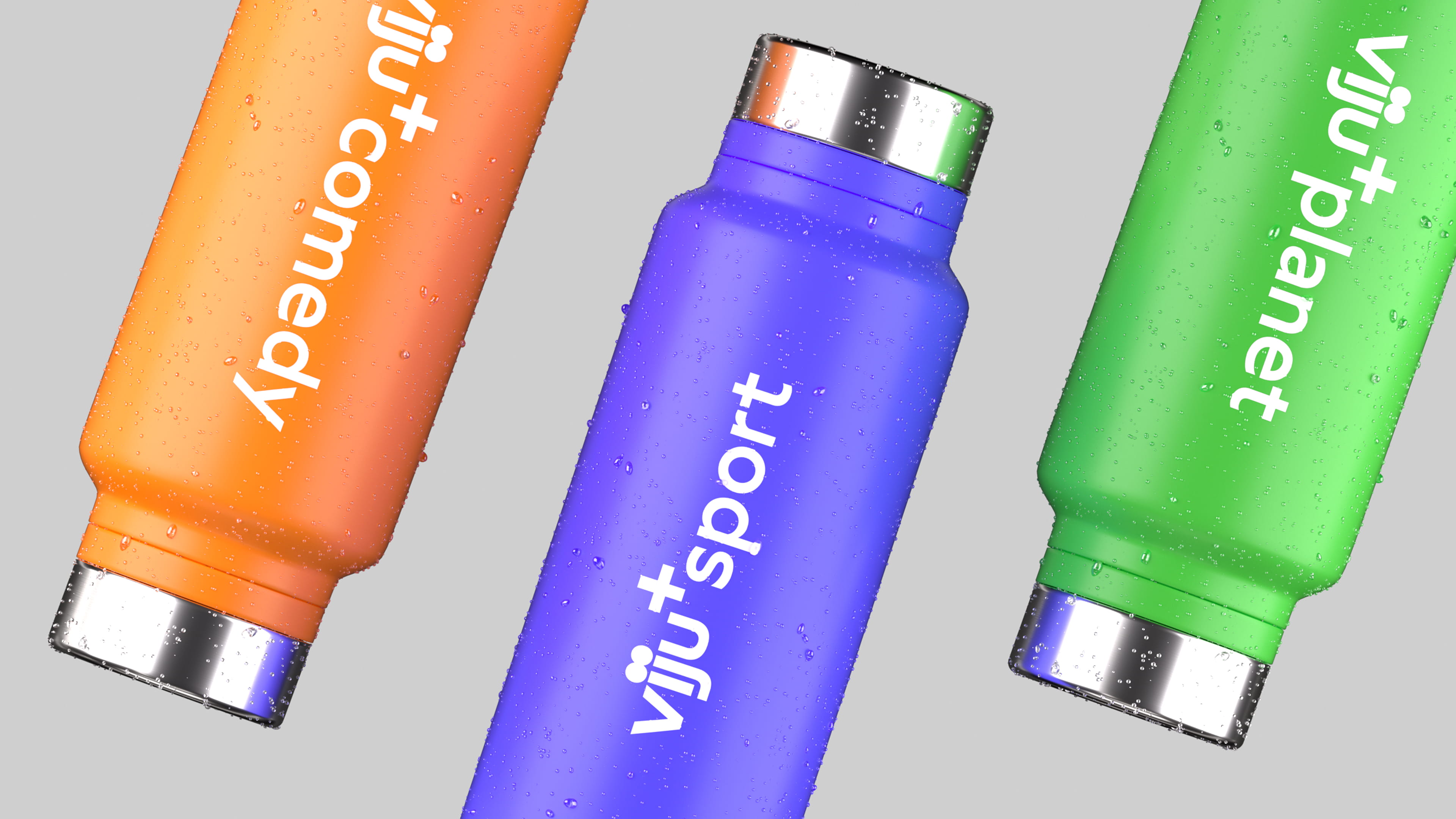 Three metal water bottles with water droplets, labeled viju+comedy in orange, viju+sport in blue, and viju+planet in green.