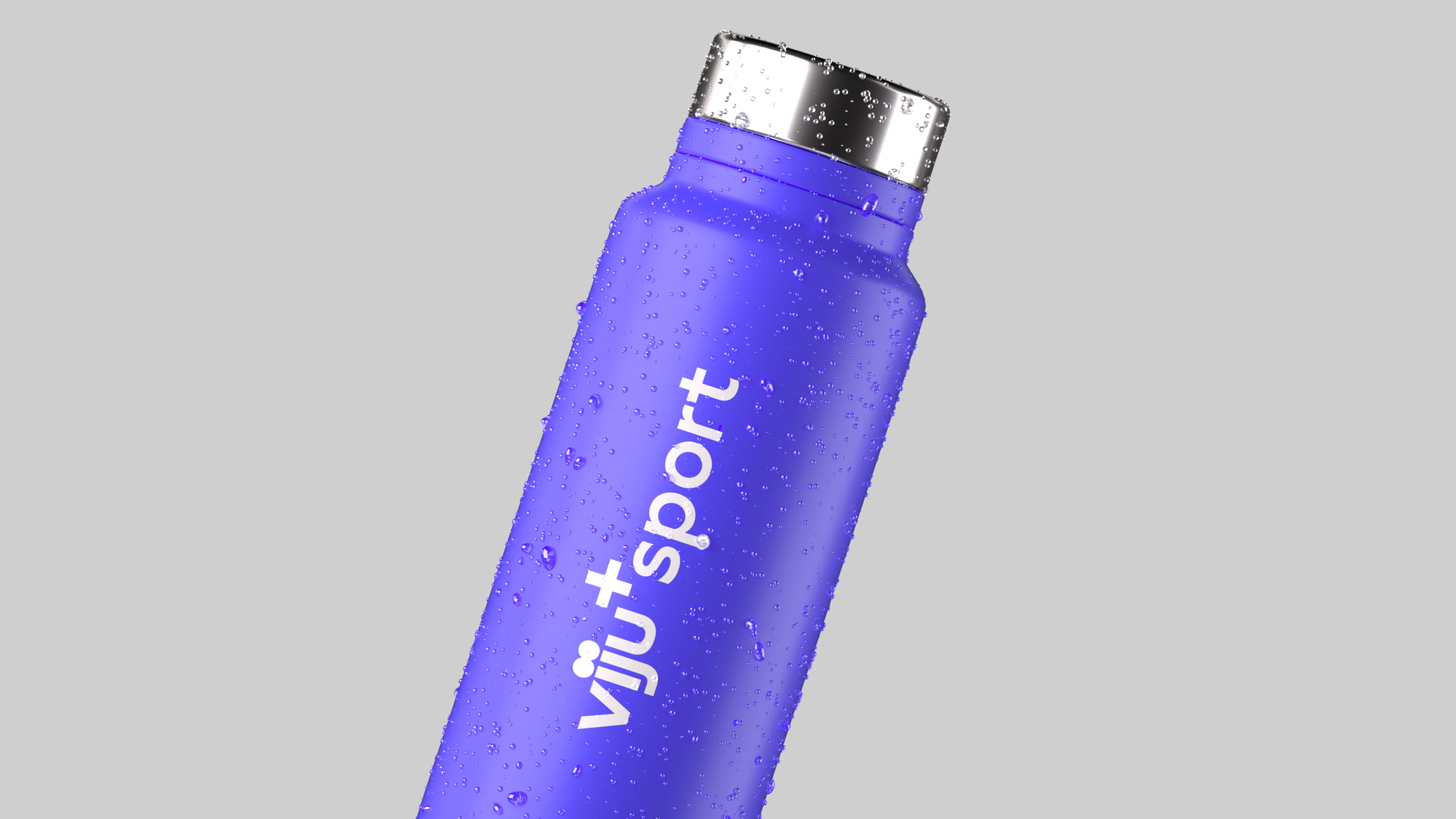 Purple Viju+Sport water bottle with a silver cap covered in water droplets on a gray background.