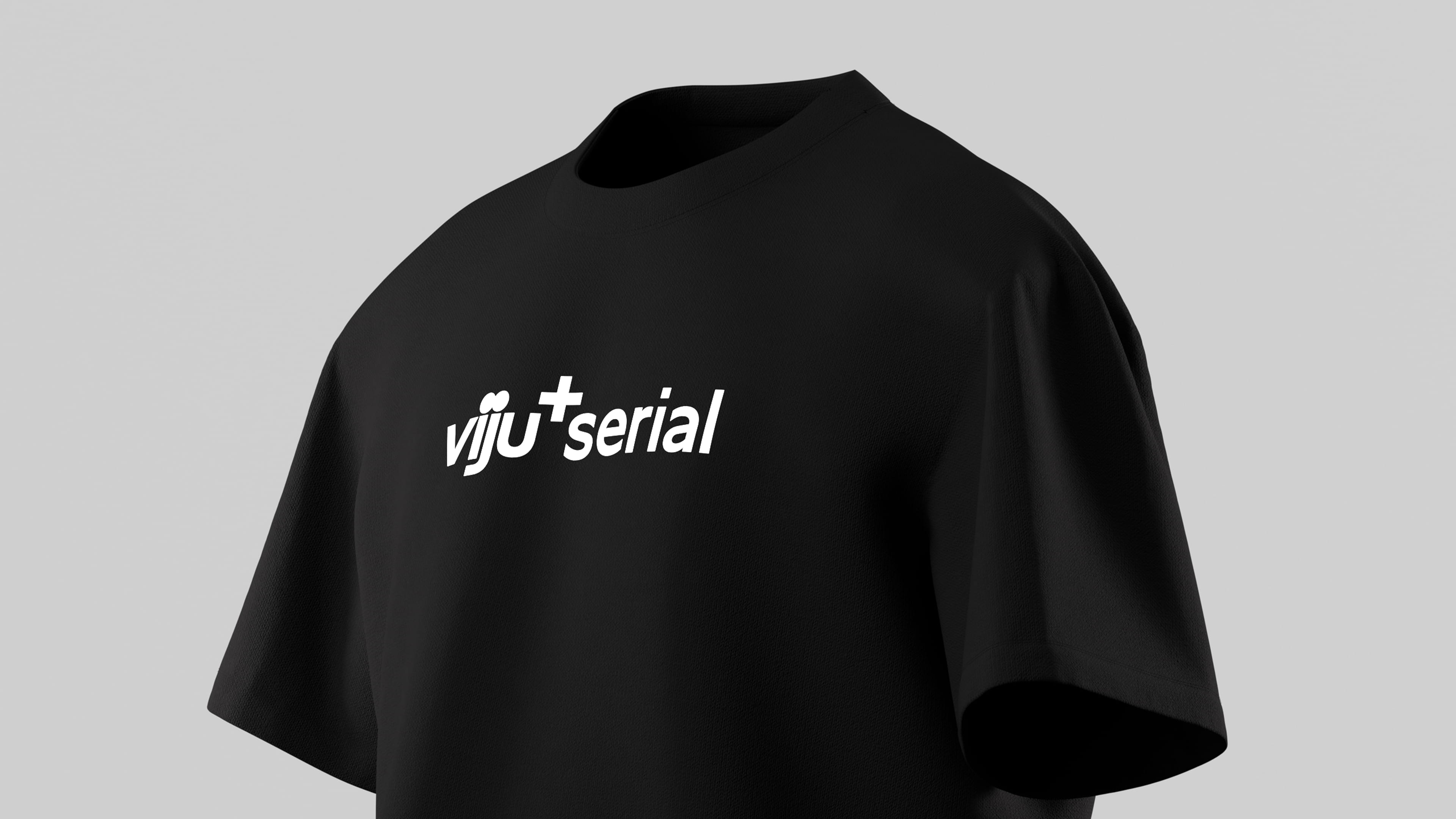 Black t-shirt with white text reading 'viju+ serial' on the front against a plain gray background.
