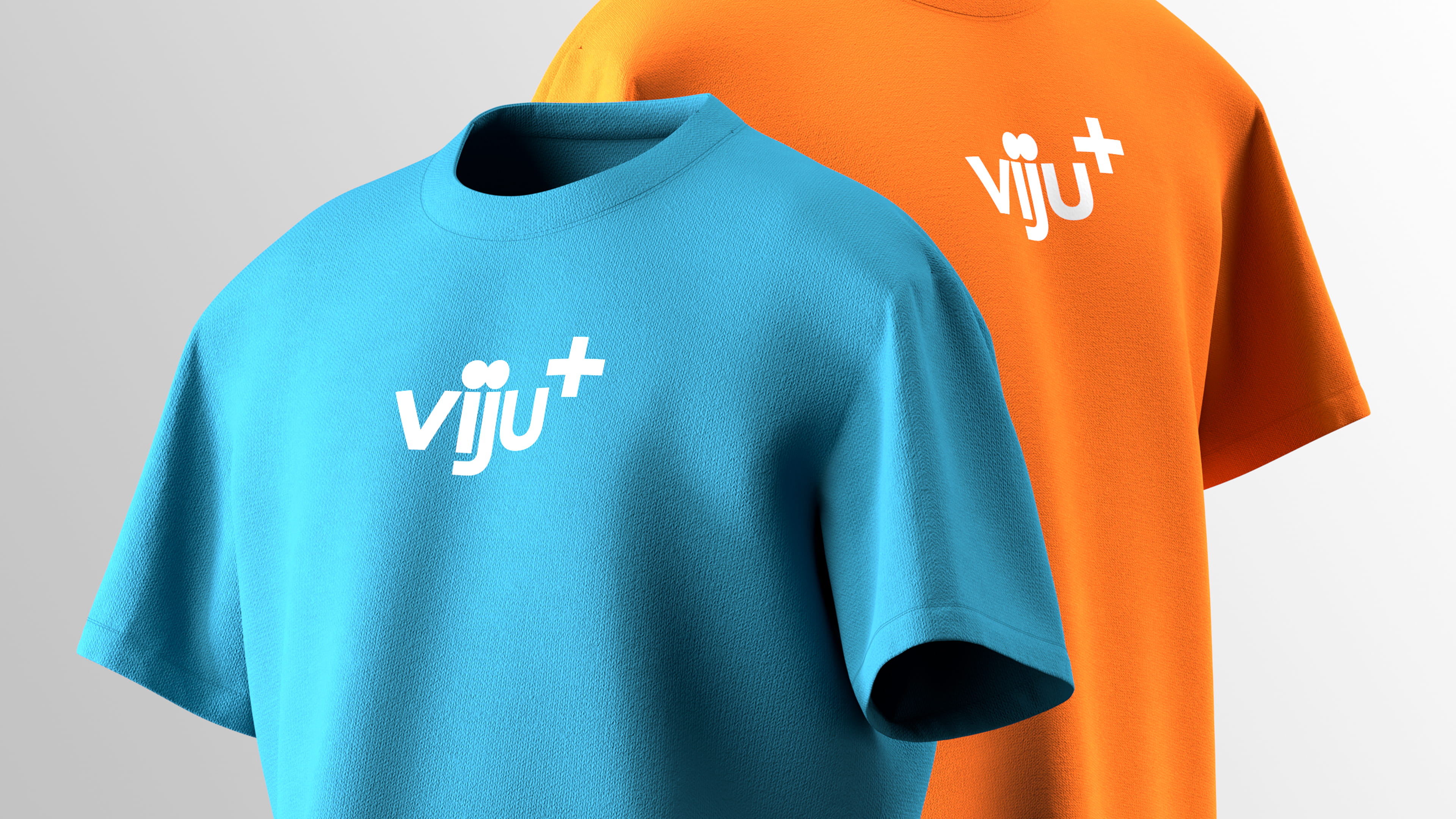 Blue and orange T-shirts with the white text 'viju+' printed on the front.
