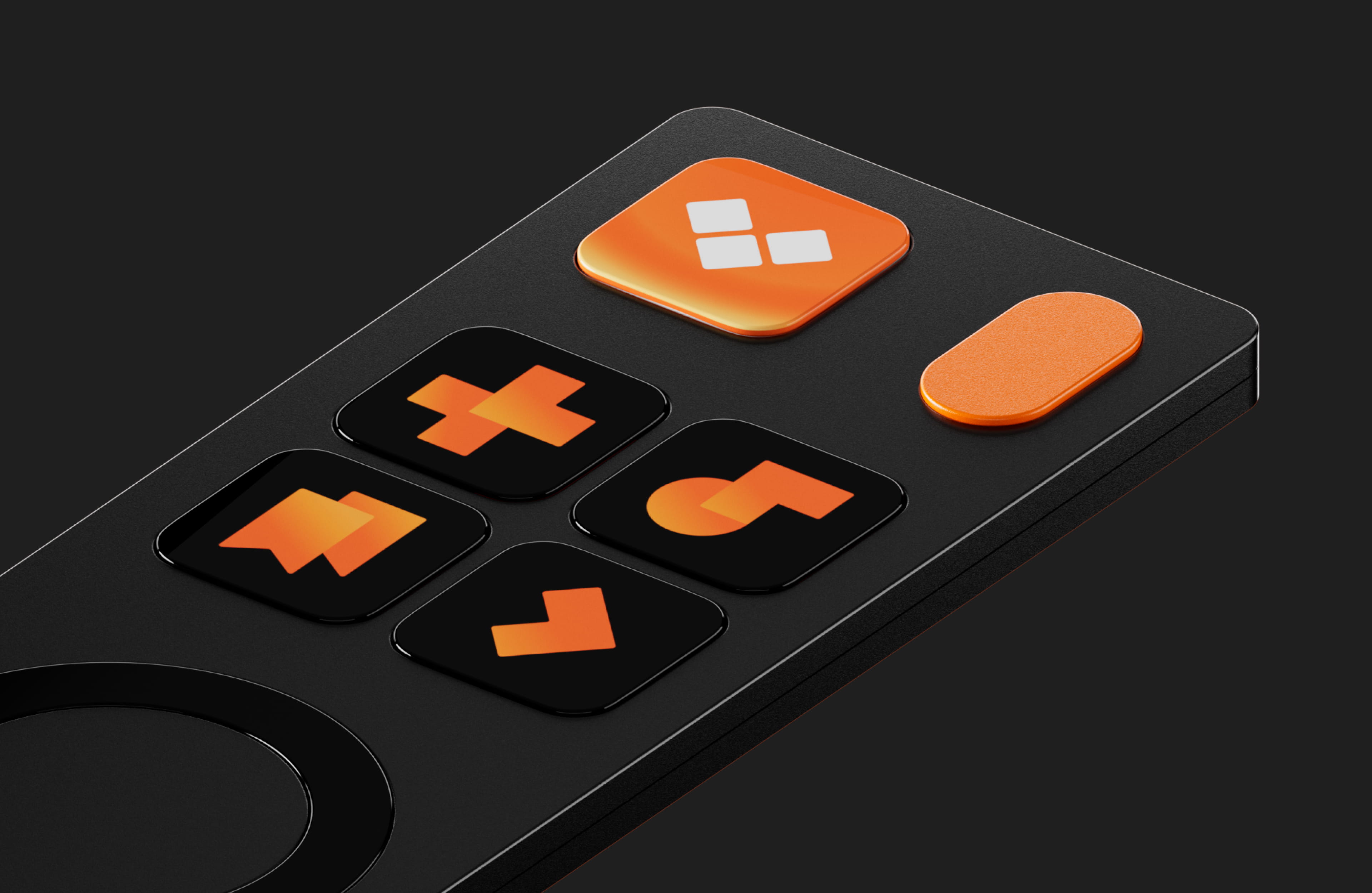 Black remote control with six buttons; five feature orange icons including arrows and shapes, one is an orange rounded rectangle.