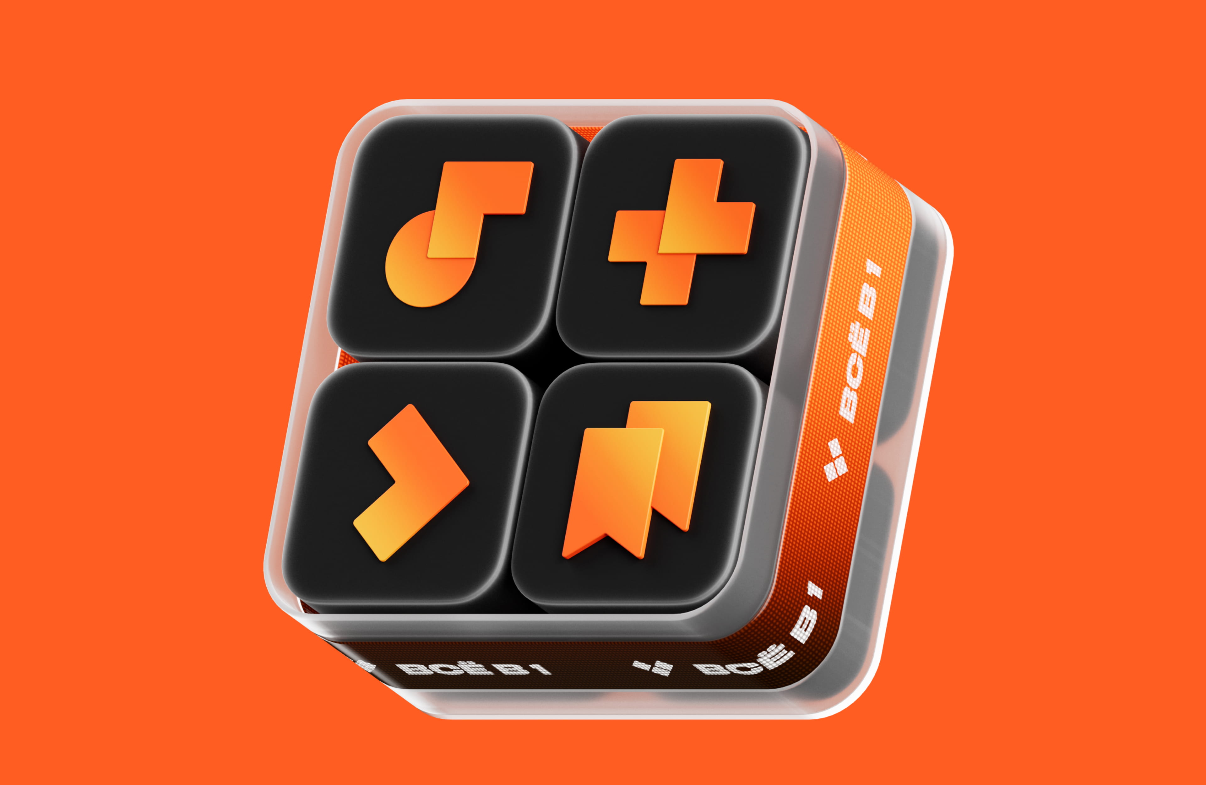 3D black cube with four orange gradient icons: a rotated musical note, a plus sign, a right arrow, and two overlapping bookmarks, against an orange background.