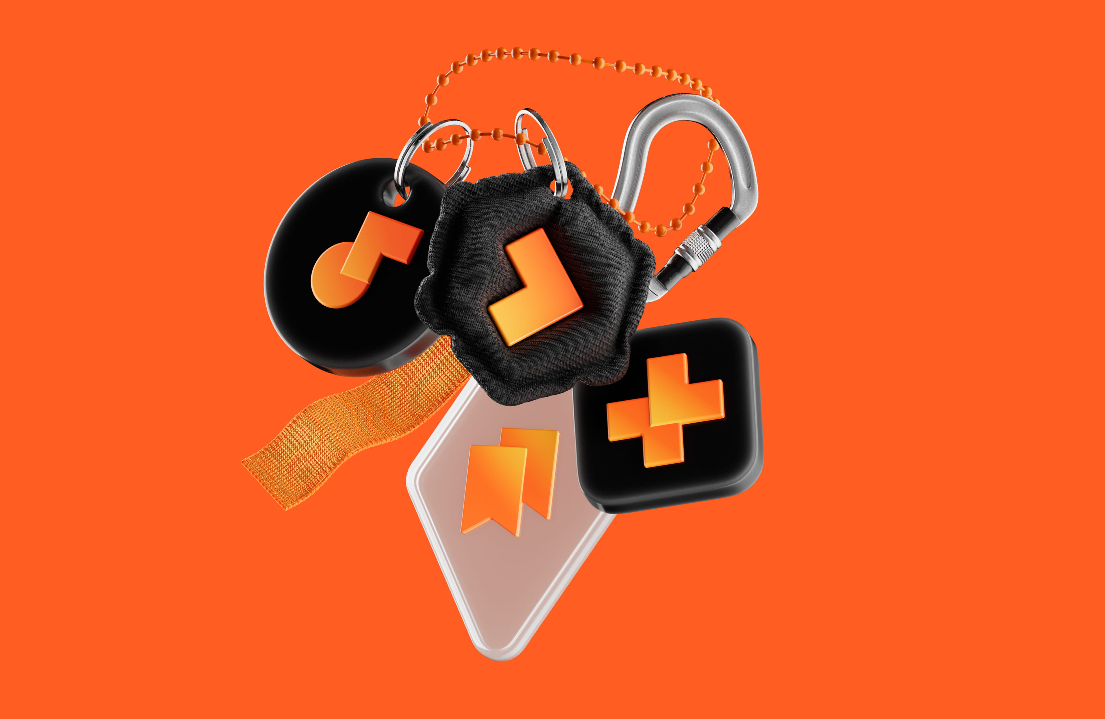 Cluster of black and transparent keychains with orange geometric symbols on an orange background.