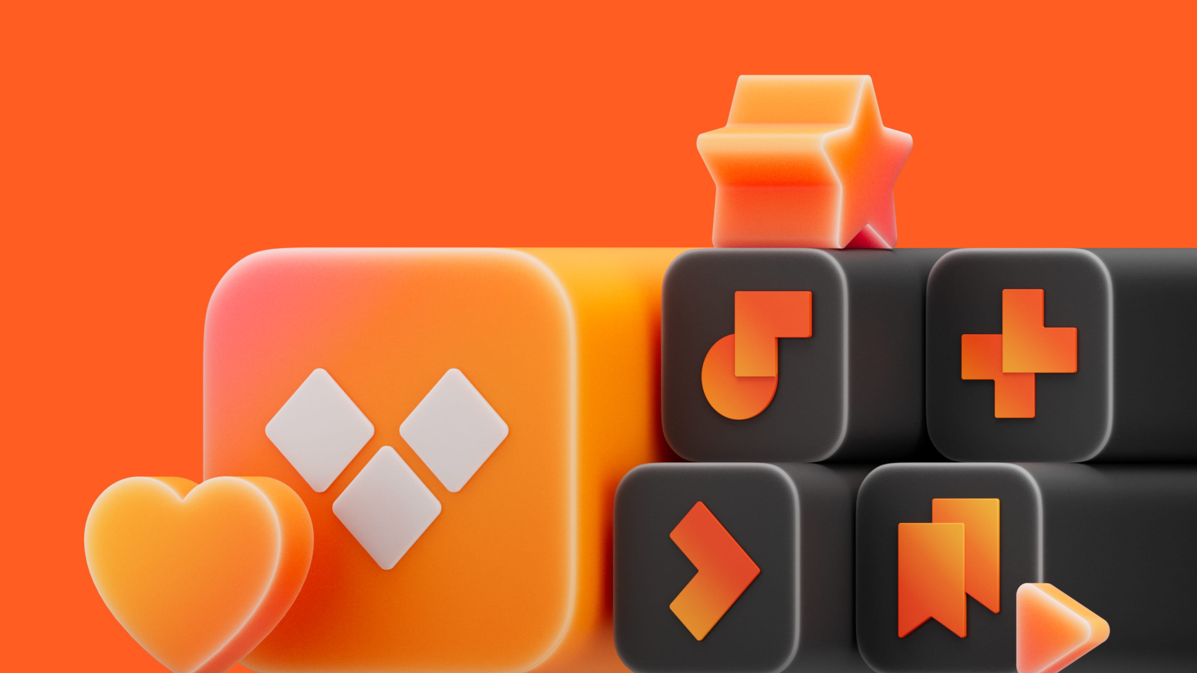 Orange and black 3D blocks with various abstract shapes including a heart, star, music note, plus sign, arrow, bookmark, and play button on an orange background.