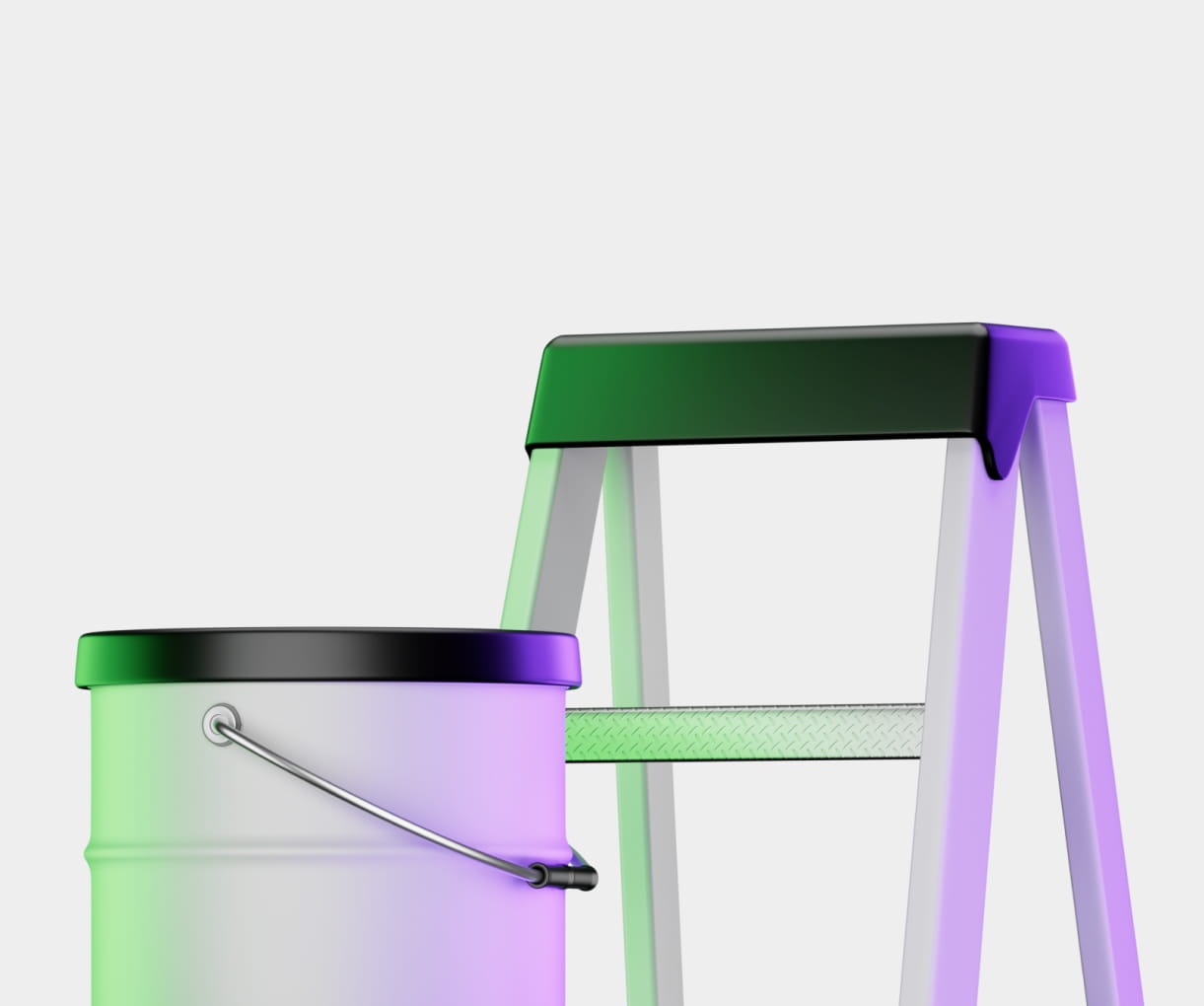 Close-up of a paint can with a black lid and a metal handle next to a step ladder with a black and purple top step.