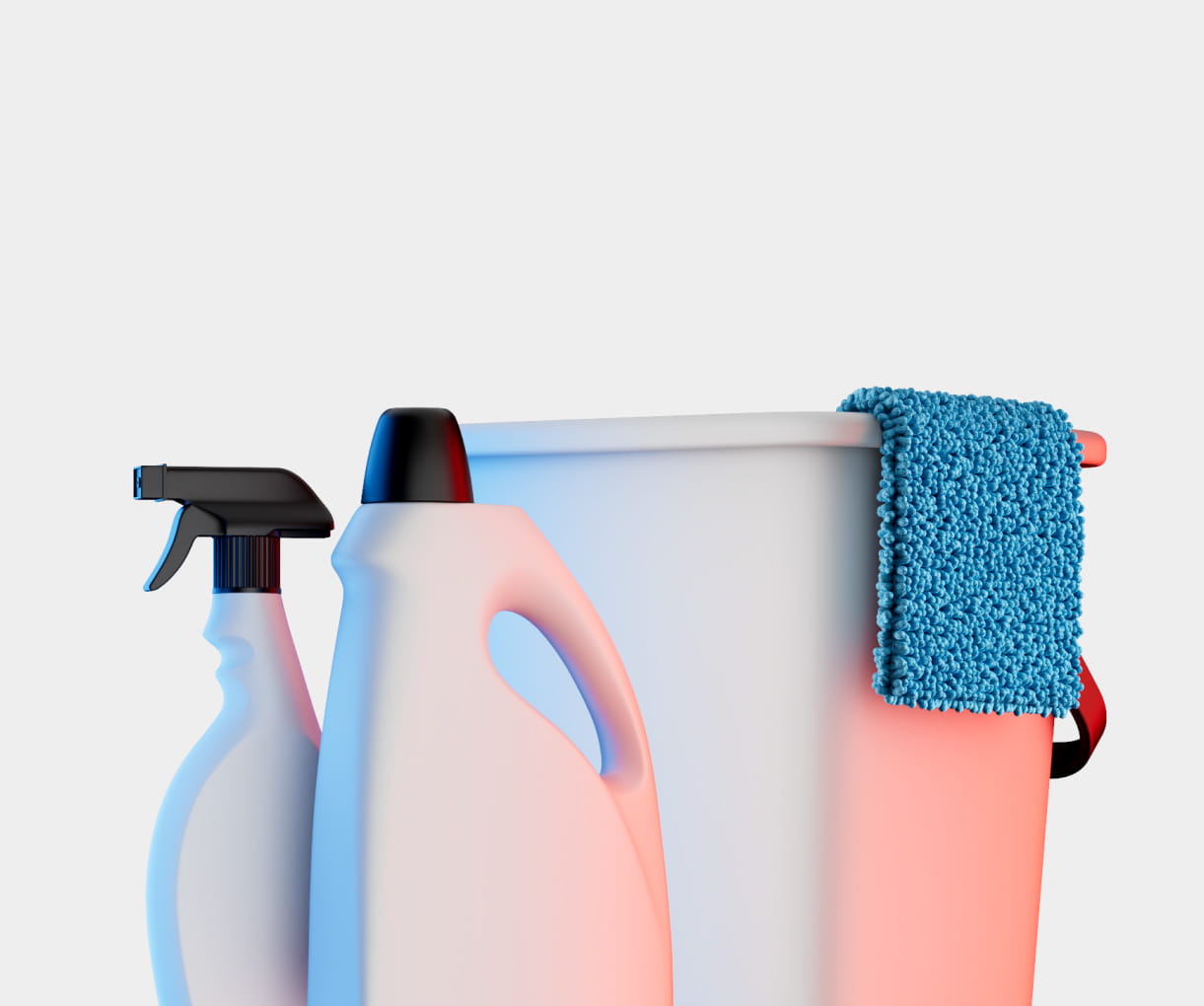 White spray bottle, detergent bottle, and bucket with a blue textured cloth hanging on the edge.