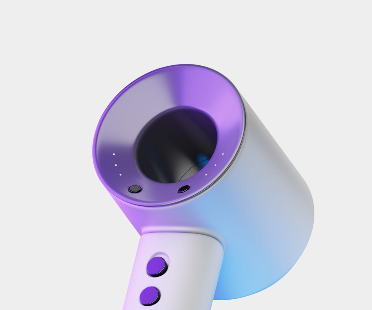 Close-up of a modern white and purple hair dryer nozzle with control buttons on the handle.