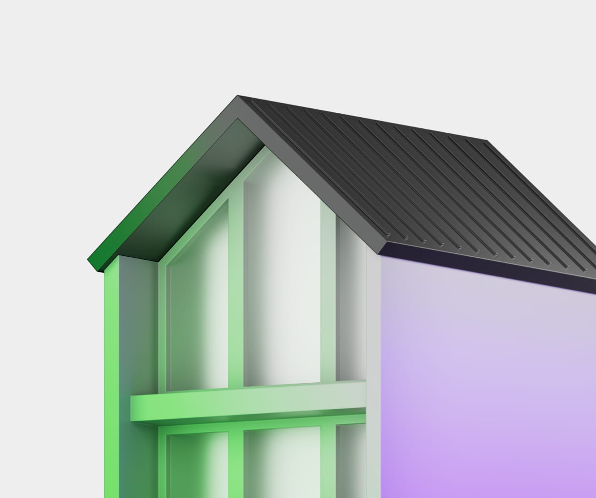 3D rendering of a modern house corner with a dark slanted roof and green-framed glass walls.