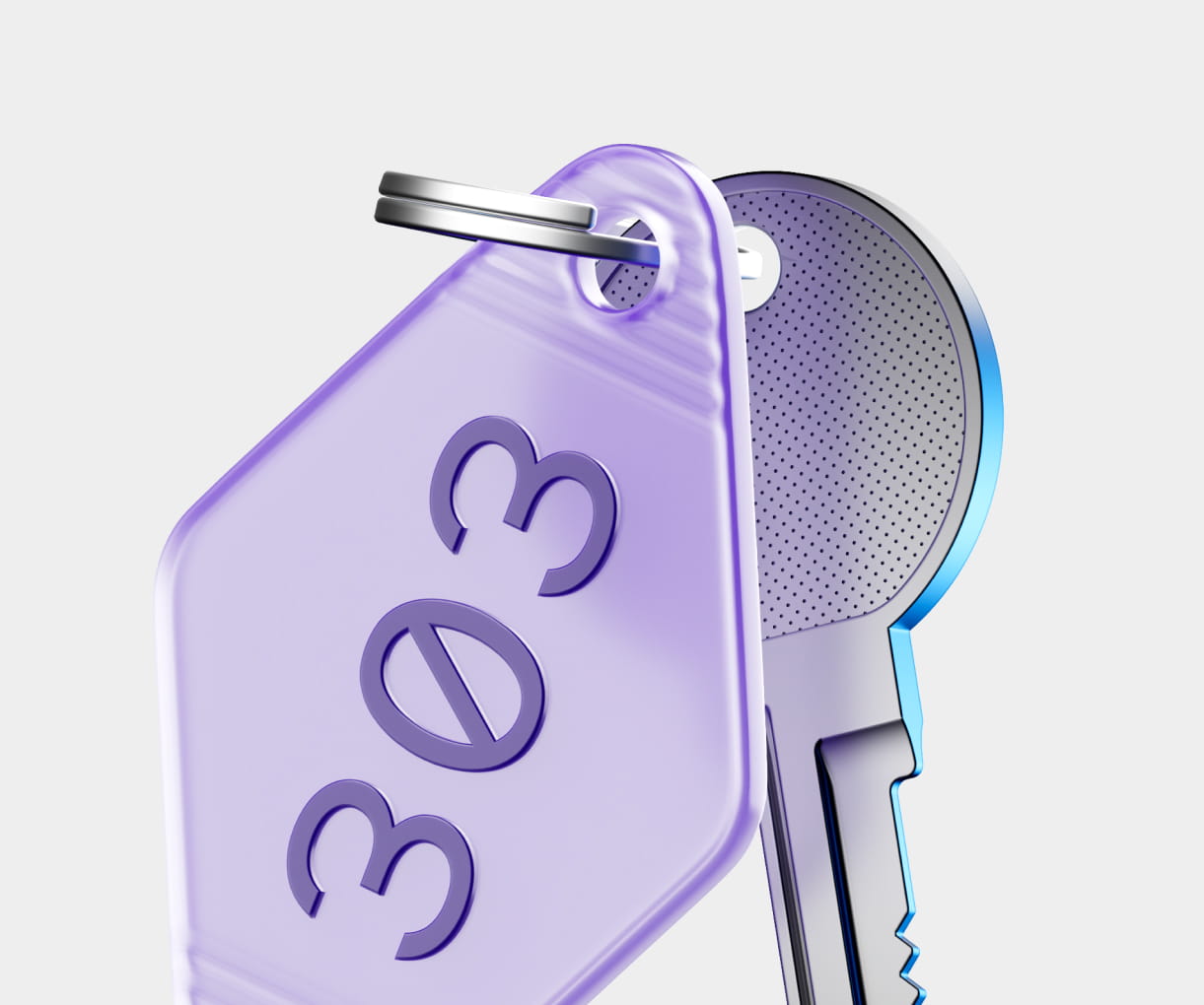 Close-up of a metallic key with a purple keychain tag labeled with the number 303.