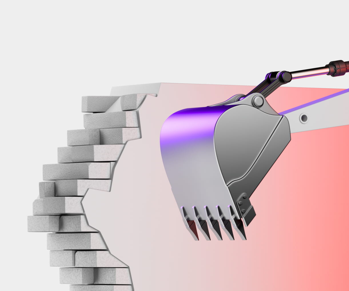 Close-up of an excavator bucket breaking through a gray brick wall with a red gradient background.