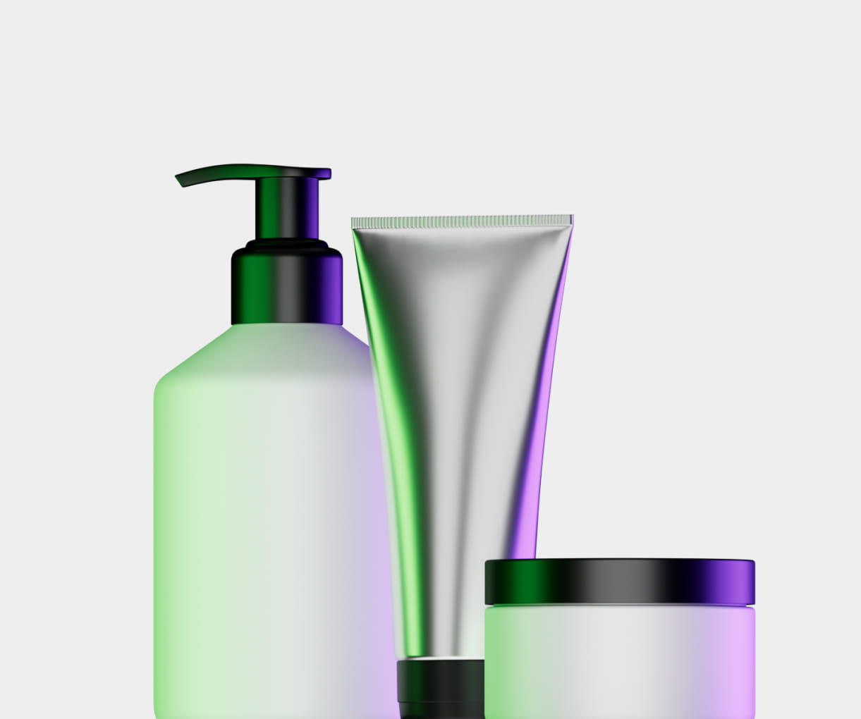 Three cosmetic containers: a pump bottle, a squeeze tube, and a round jar, all with a white base and black or silver caps, against a light background.