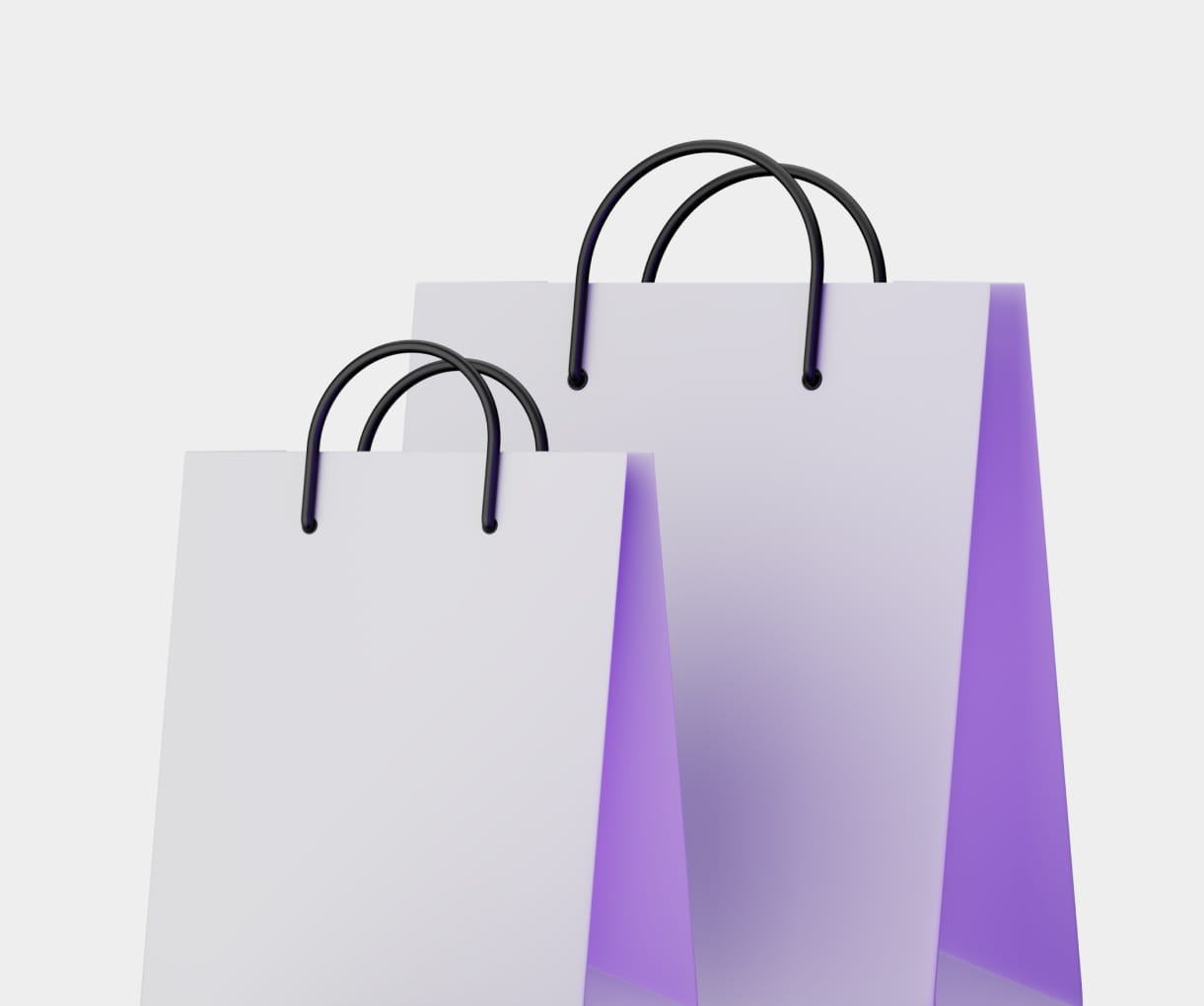Two plain shopping bags with black handles, featuring a white exterior and a light purple interior.