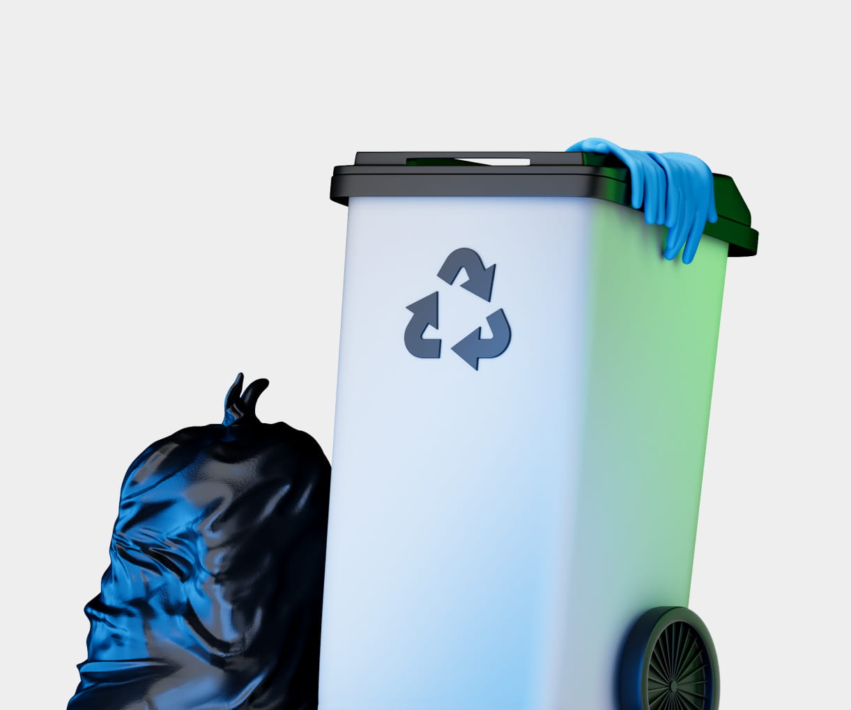White recycling bin with black lid and blue gloves hanging on the edge, next to a black garbage bag on a light background.