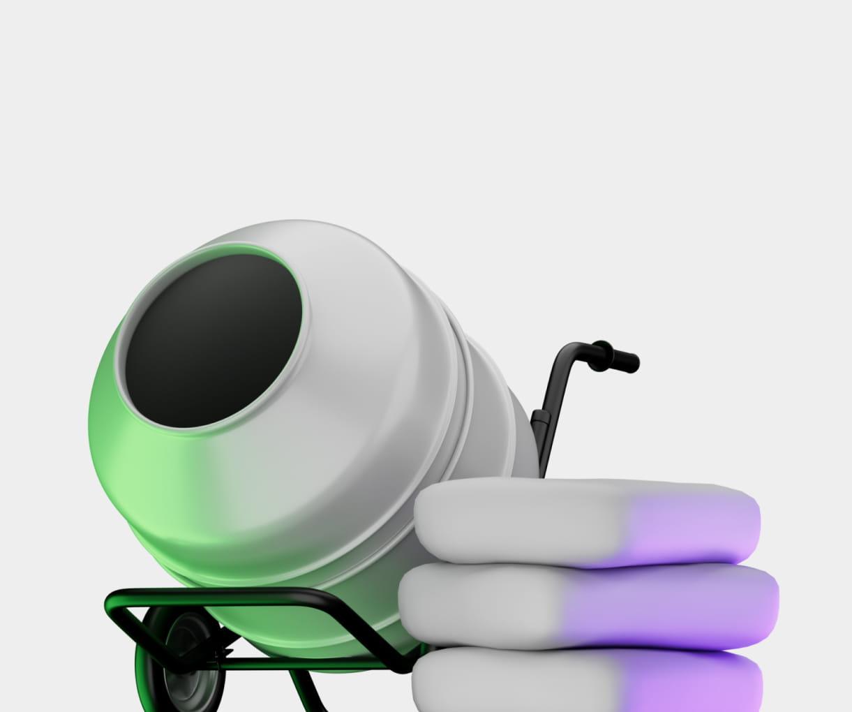 White cement mixer on black frame next to three stacked white cement bags with purple lighting.