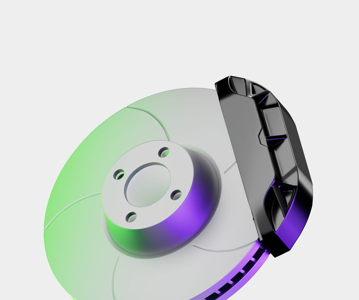 Close-up of a metallic disc brake rotor with a black caliper illuminated with green and purple lighting.