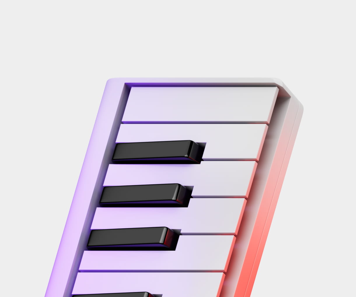 Close-up of piano keyboard keys with white and black keys, softly lit with purple and red tones.
