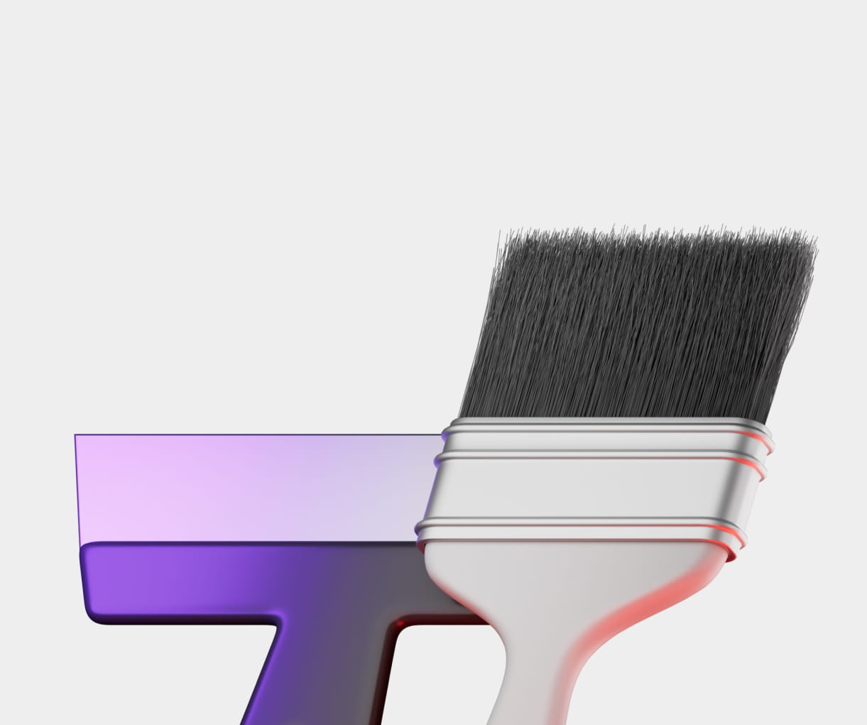 Close-up of a white paintbrush with black bristles resting on a translucent purple letter T on a light gray background.