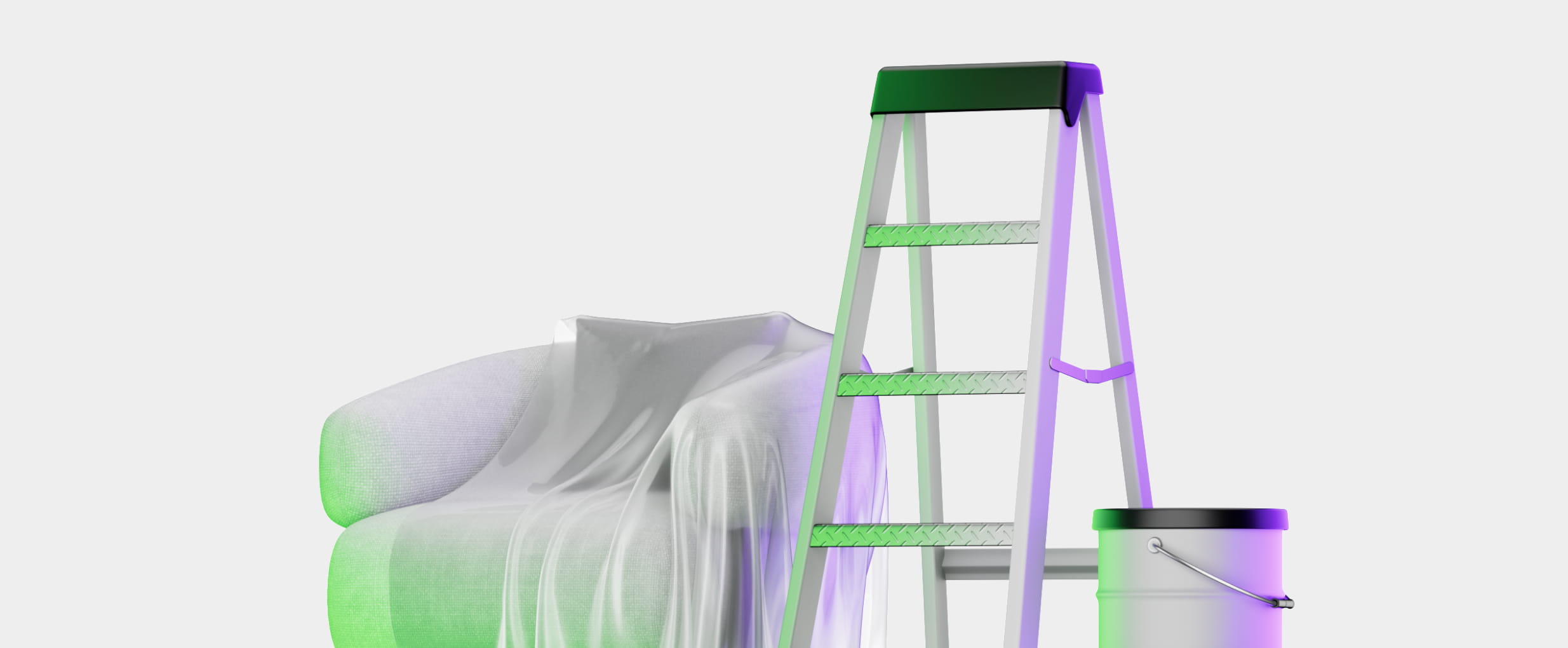 White armchair covered with a translucent cloth next to a silver step ladder and a paint bucket.