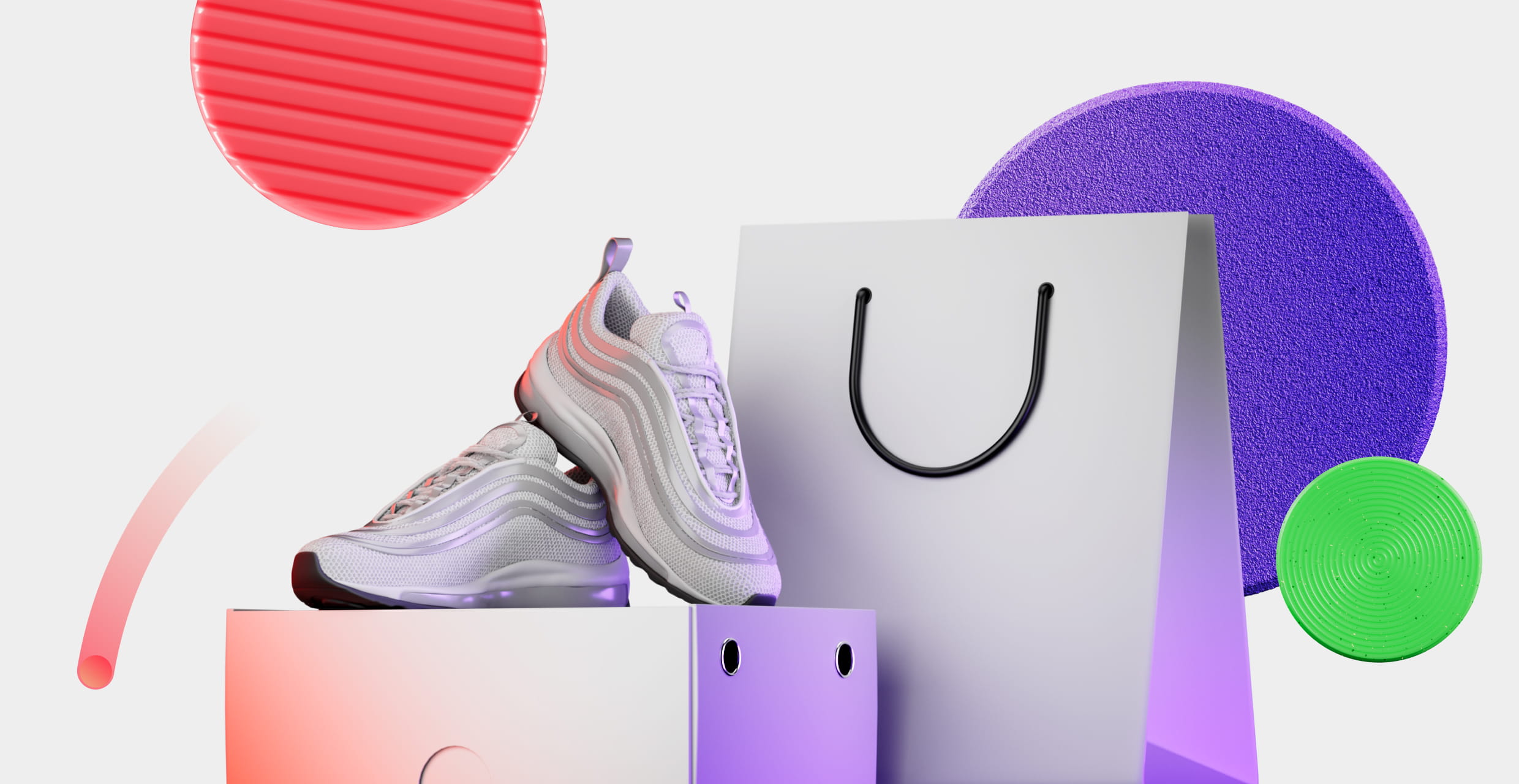 Pair of white and gray athletic shoes on a white box, next to a white shopping bag with black handles, set against a white background with colorful abstract circles.