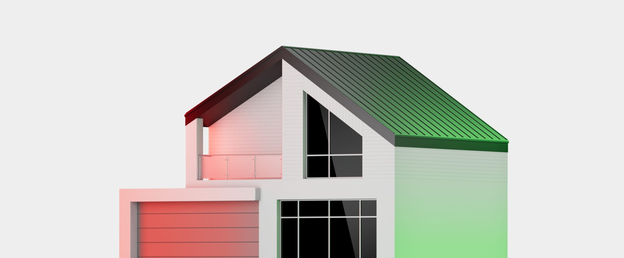 Modern two-story house with large windows, white exterior, green metal roof, and a garage door illuminated with red and green lighting.