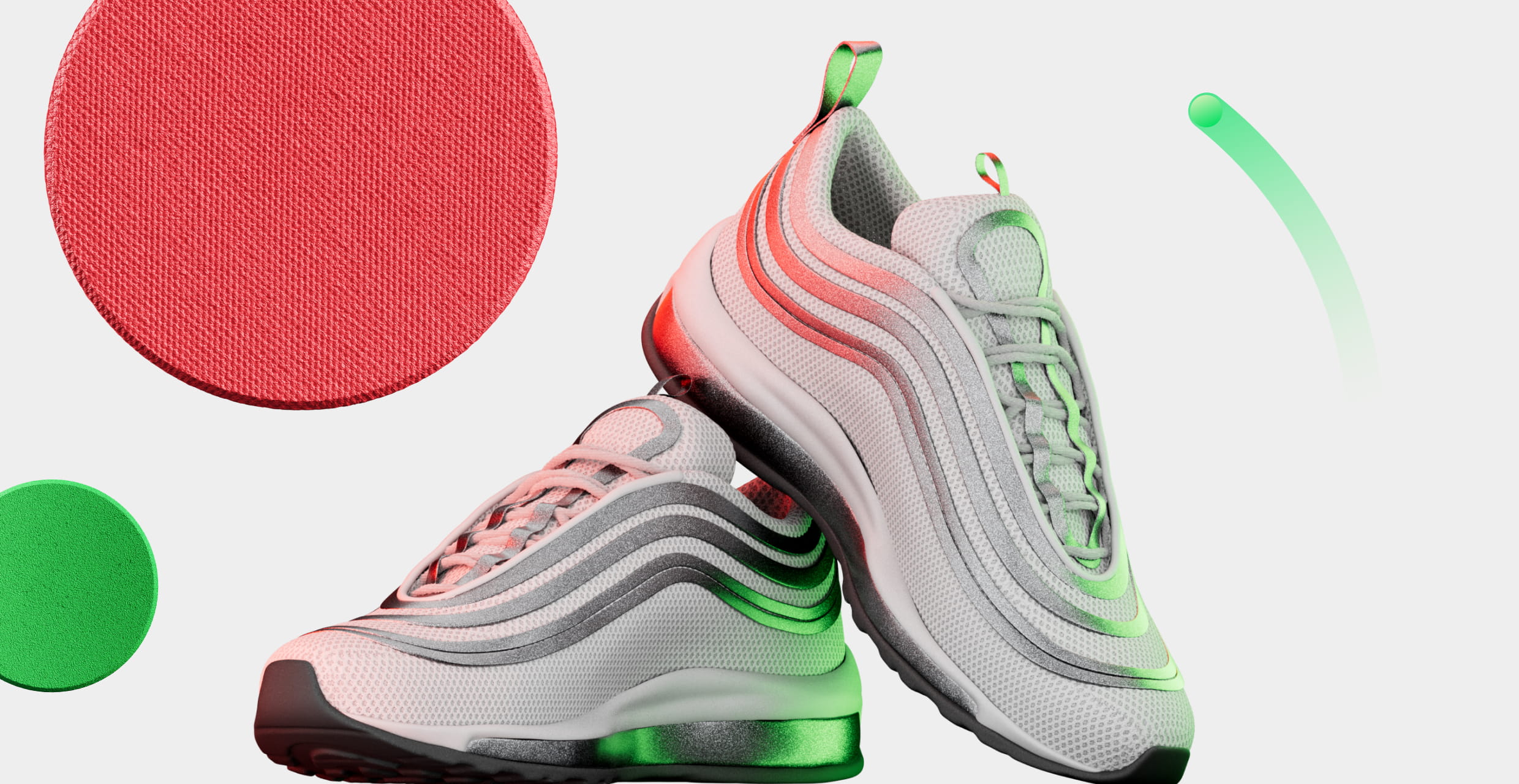 Pair of white athletic sneakers with grey stripes and green and red lighting accents on a white background with red and green circular shapes.