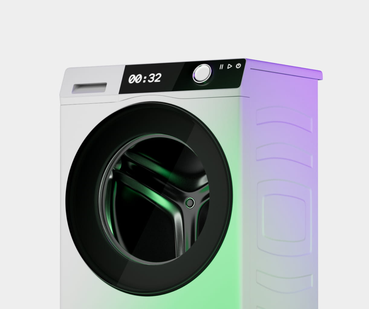 Front-loading washing machine with a digital display showing 00:32 and control buttons on the top panel.