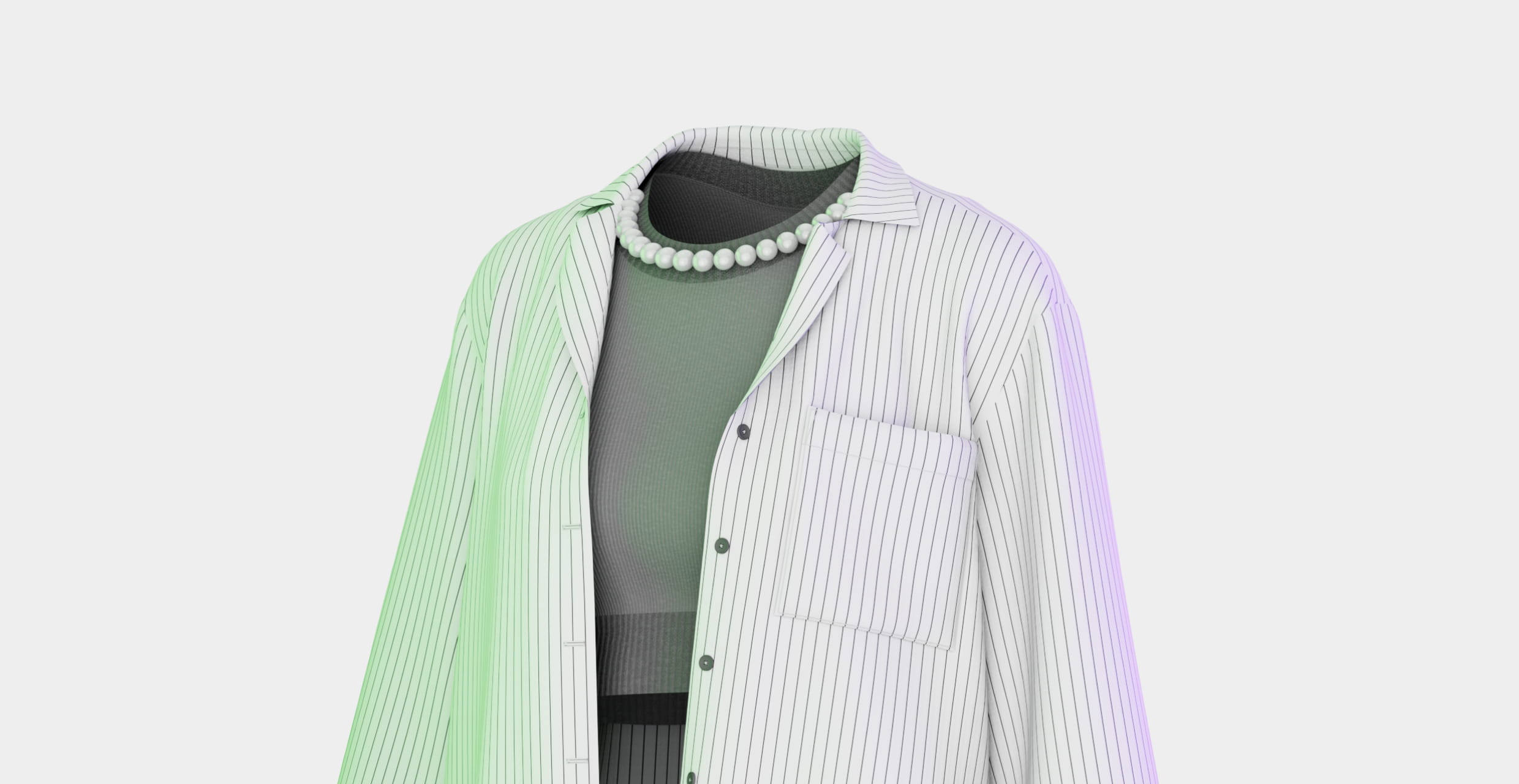 Striped white button-up shirt over a dark gray ribbed top, accessorized with a white pearl necklace on a plain background.
