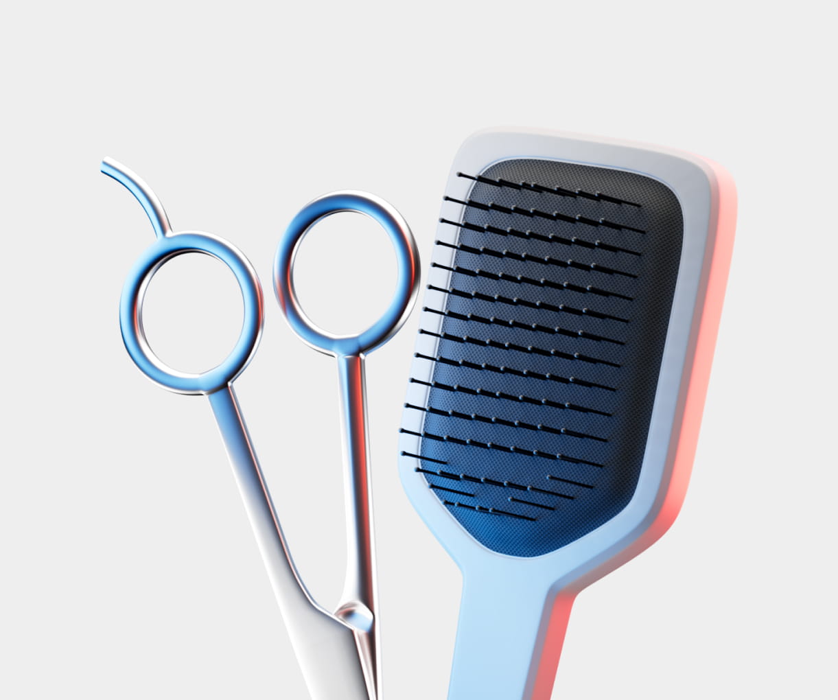 Pair of silver hairdressing scissors next to a blue paddle hairbrush with black bristles.