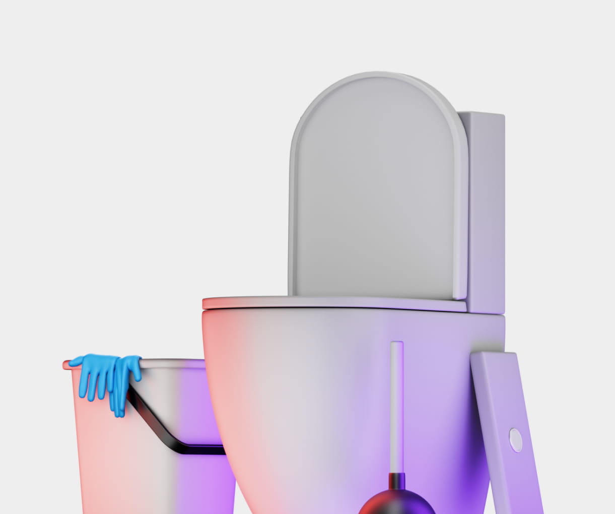 White toilet with closed lid, purple lighting, a white bucket with blue gloves hanging over the edge, and a toilet plunger.