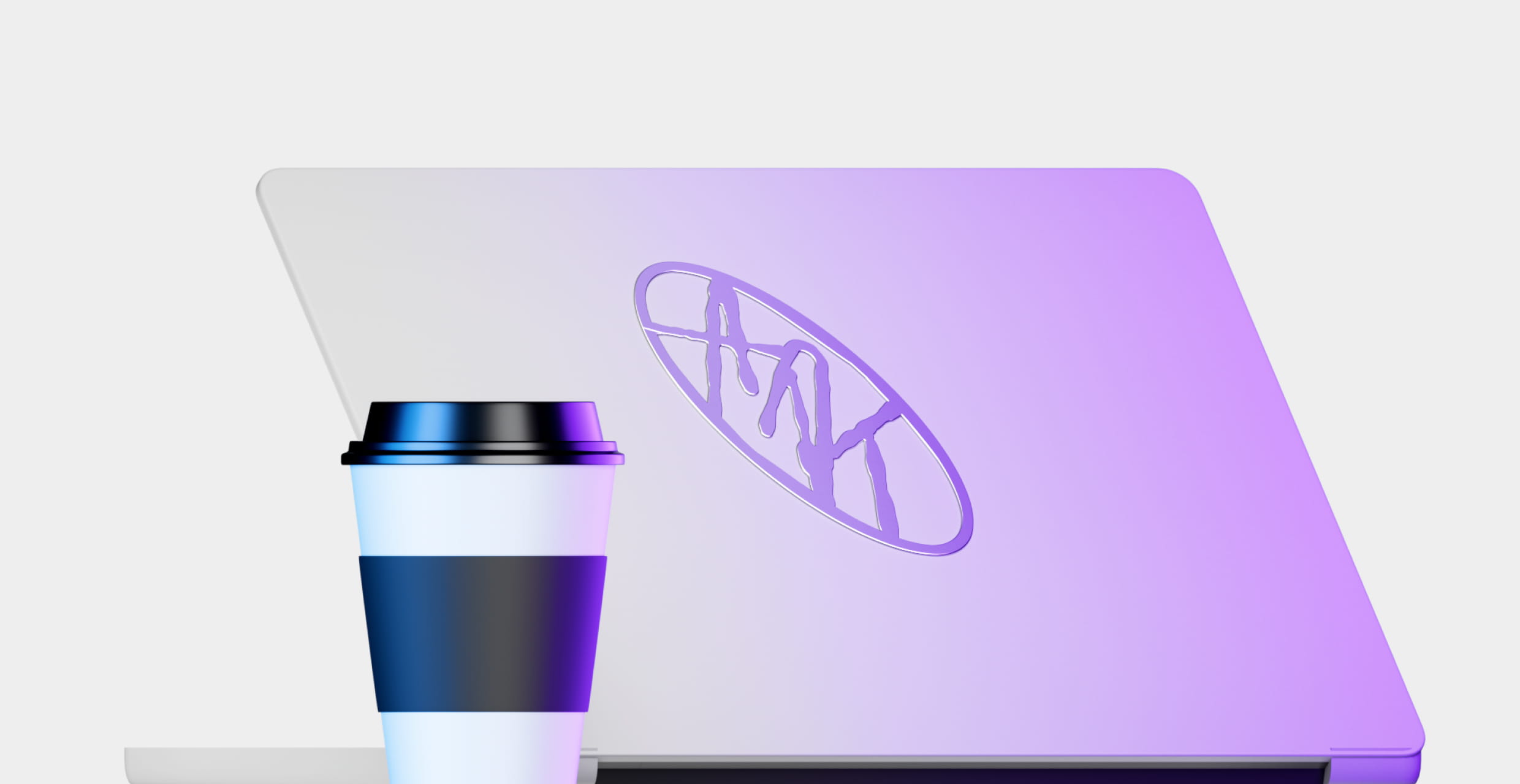 Closed laptop with a purple logo and a disposable coffee cup with a black sleeve and lid in front of it.