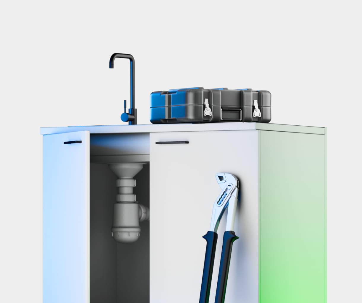 Open kitchen cabinet under sink showing plumbing pipes, a wrench leaning on the door, and a closed black toolbox on the countertop.
