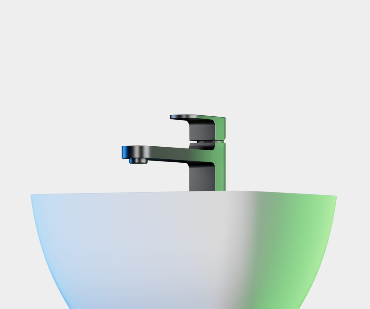 Modern black faucet installed on a white round vessel sink with a gradient blue and green lighting effect.