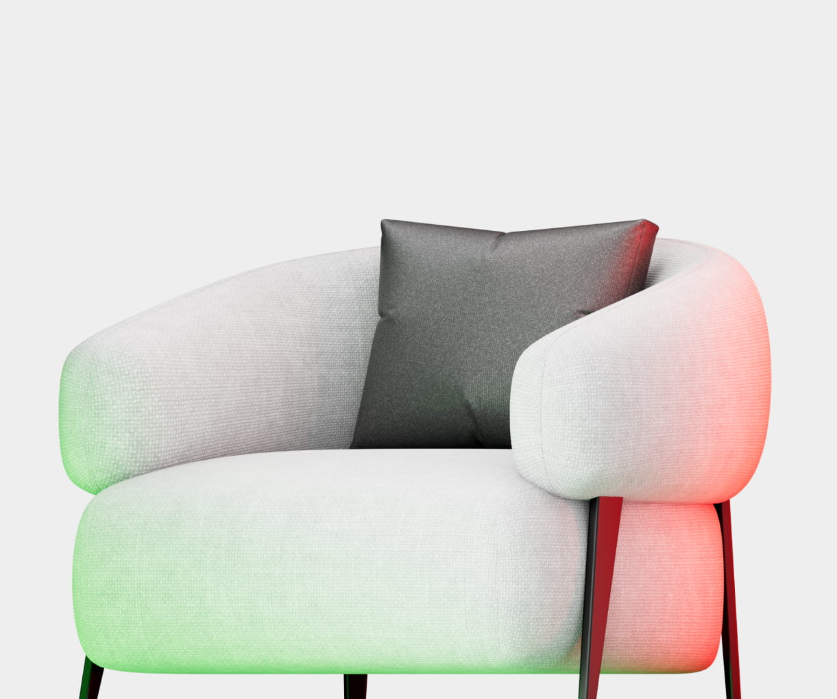 Modern white upholstered armchair with rounded armrests and a dark gray cushion on a light background.