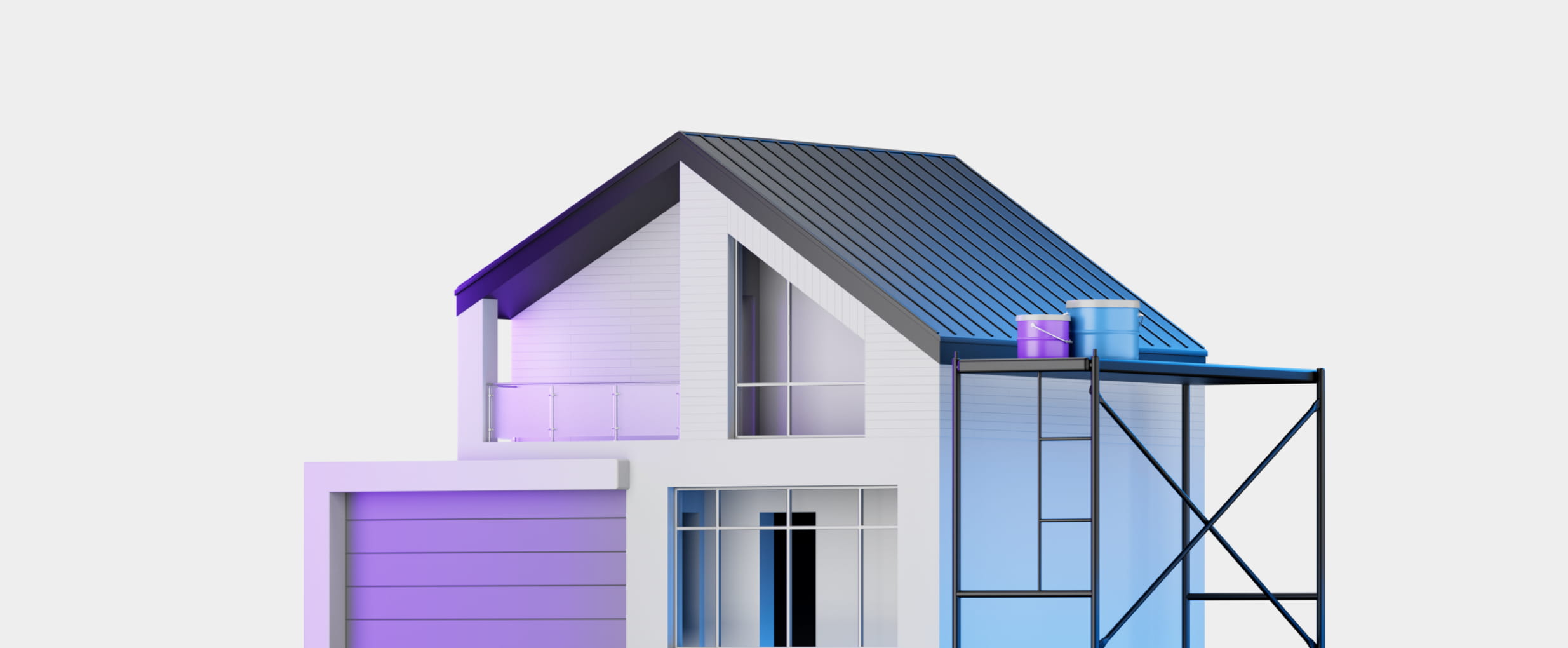 Modern two-story house with a sloped roof and scaffolding on the side holding paint buckets.