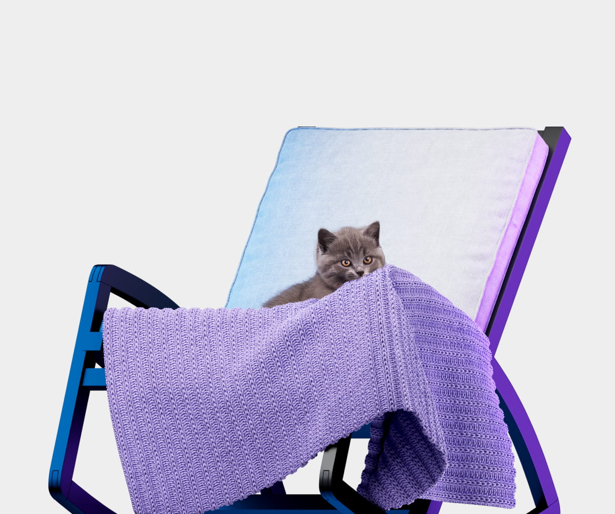 Gray kitten peeking from behind a lavender knitted blanket on a modern chair with a light blue cushion.