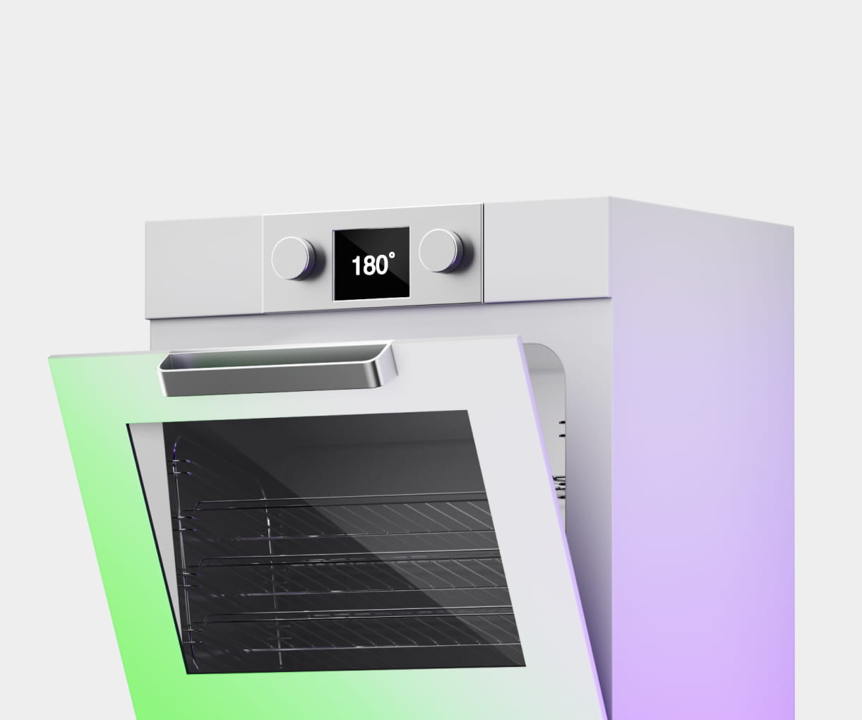 Modern white oven with an open door and digital display showing 180 degrees Celsius.