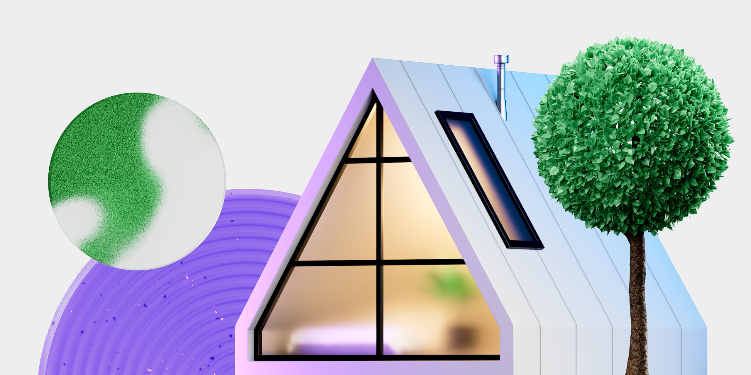 Modern white A-frame house with large triangular window, skylight, and a green leafy tree beside it.