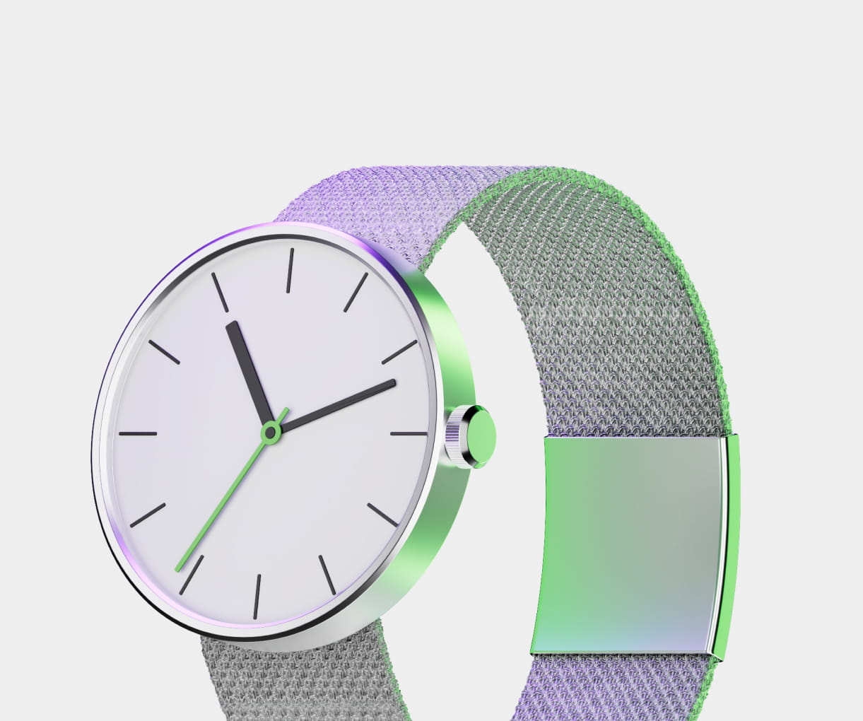 Modern wristwatch with a white face, black hour markers and hands, green second hand, and a gray woven strap.